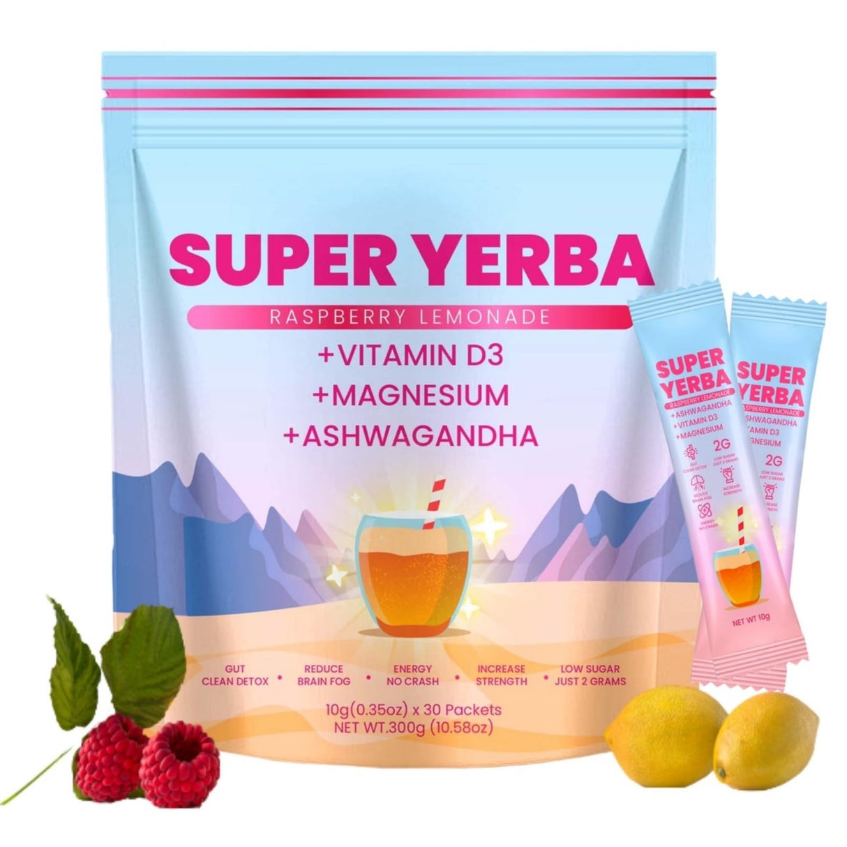 30 Servings Super Yerba Packets,Yerba Mate Instant Tea Powder,Super Yerba Raspberry Lemonade Flavor,Energy Boost,Mental Clarity and Gut Health by Ashwagandha, Prebiotics and Probiotics (1)