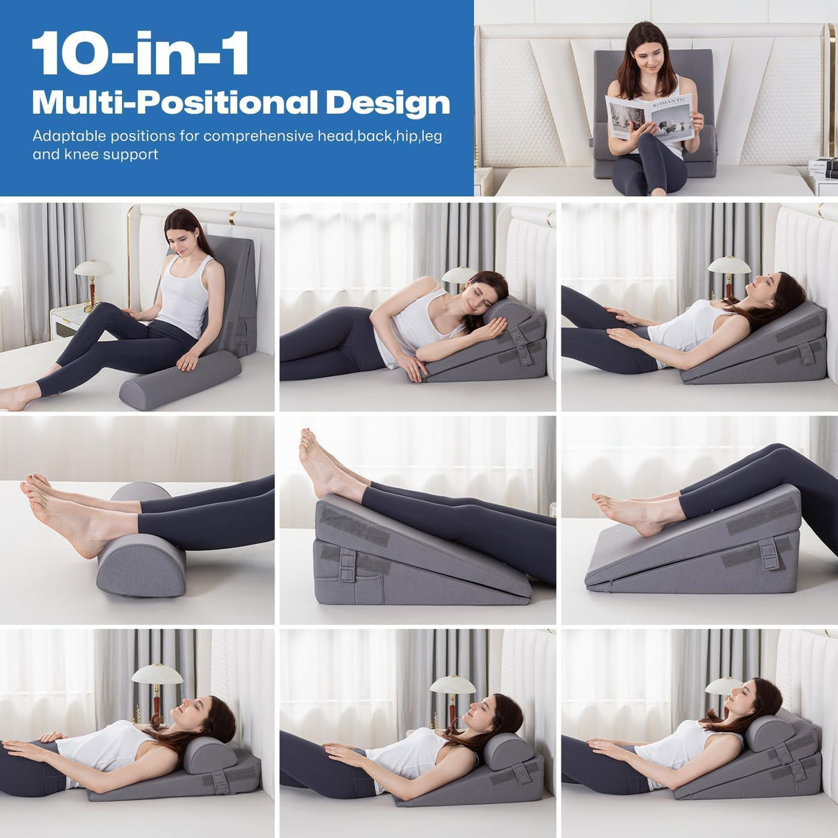 GOHOME Cooling Wedge Pillow Set for After Surgery, 3-Piece Adjustable Memory Foam Bed Wedge Pillow for Sleeping - Acid Reflux, Snoring, Neck Pain and Back Pain, Grey