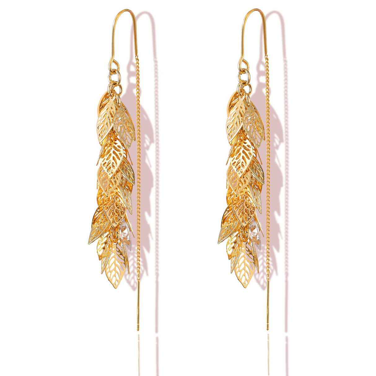 ZioNNyxviana 14K Gold Plated Leaf Threader Crystal Earrings for Women, Long Tassel Elegant Dangle Drop Earrings for Weddings, Galas, and Formal Events, Hypoallergenic Lightweight Jewelry Idea Gift(Gold)