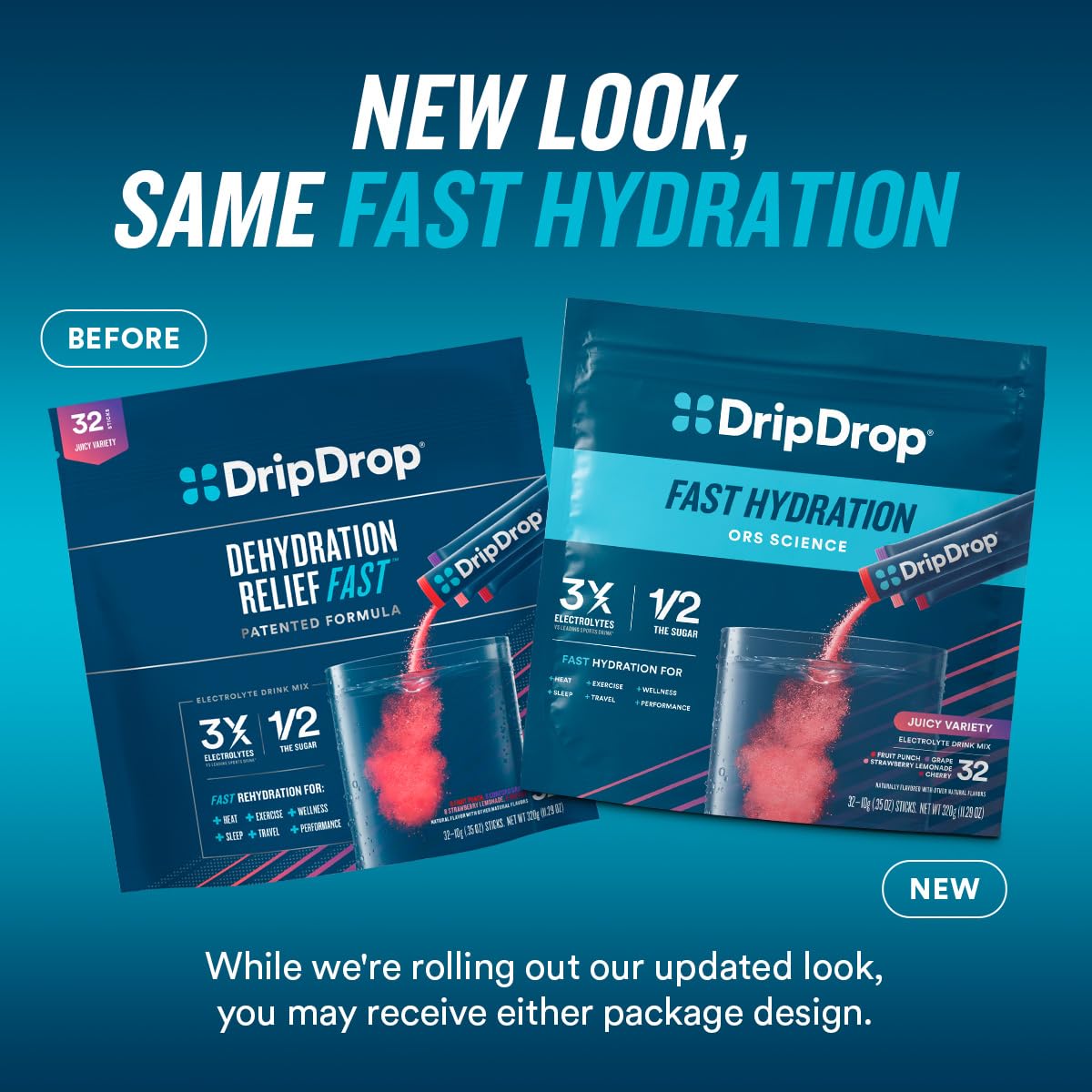 DripDrop Hydration Packets - Watermelon - Single Serve Electrolytes Powder Drink Mix - Non-GMO, Gluten Free, Vegan - 32 Sticks
