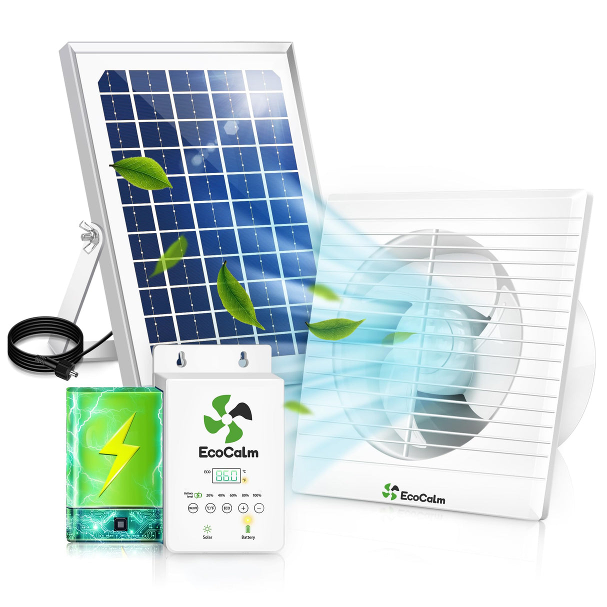 ecoCalm Solar Powered Fan 6" with Thermostatic and Battery for Chicken Coop
