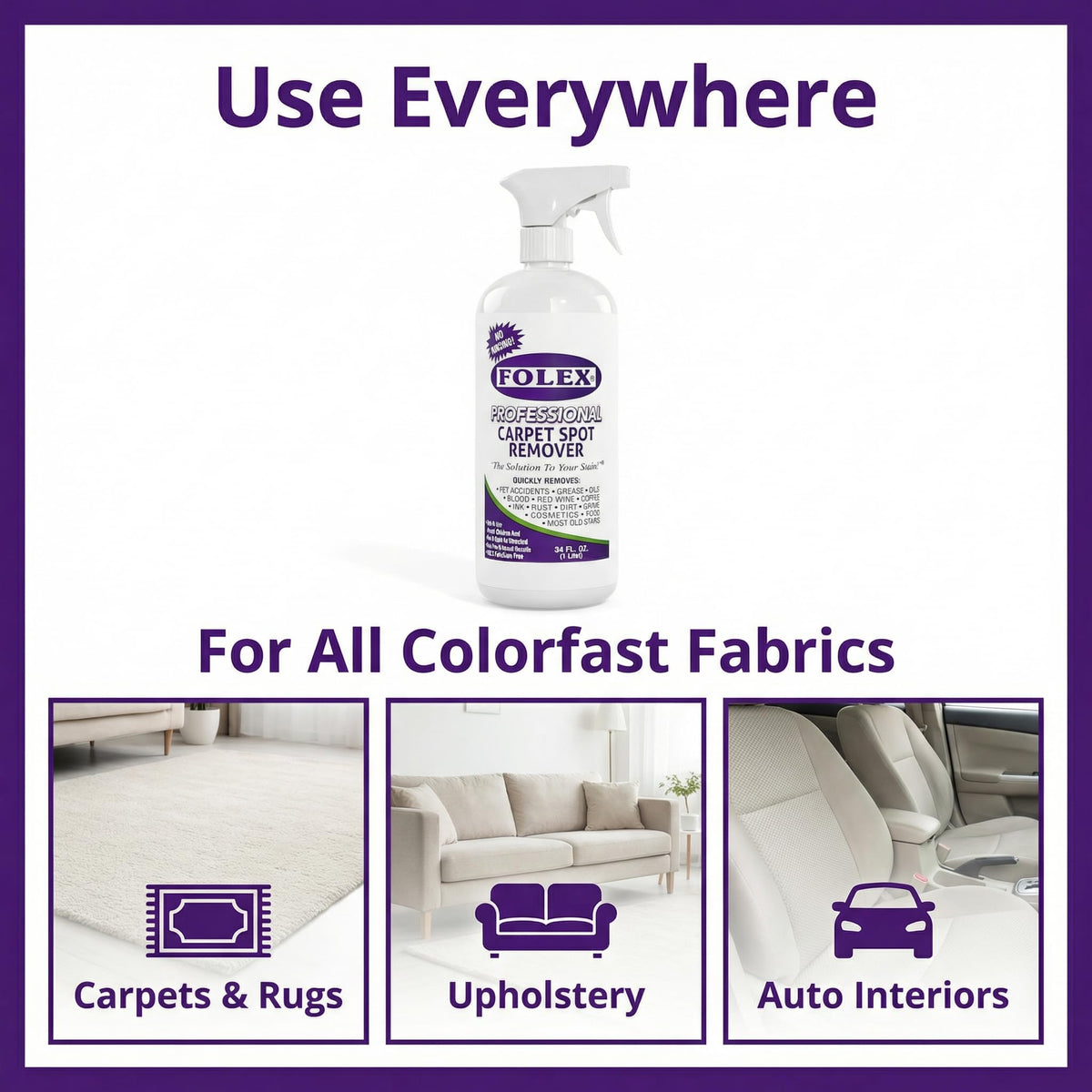 FOLEX Professional Carpet Stain Remover Spray – Stain Remover for Old Stains – Best Remover for Pets – Rug Stain Remover & Upholstery Cleaner – Cleaner Solution for Couches & Car Interiors – 34 oz