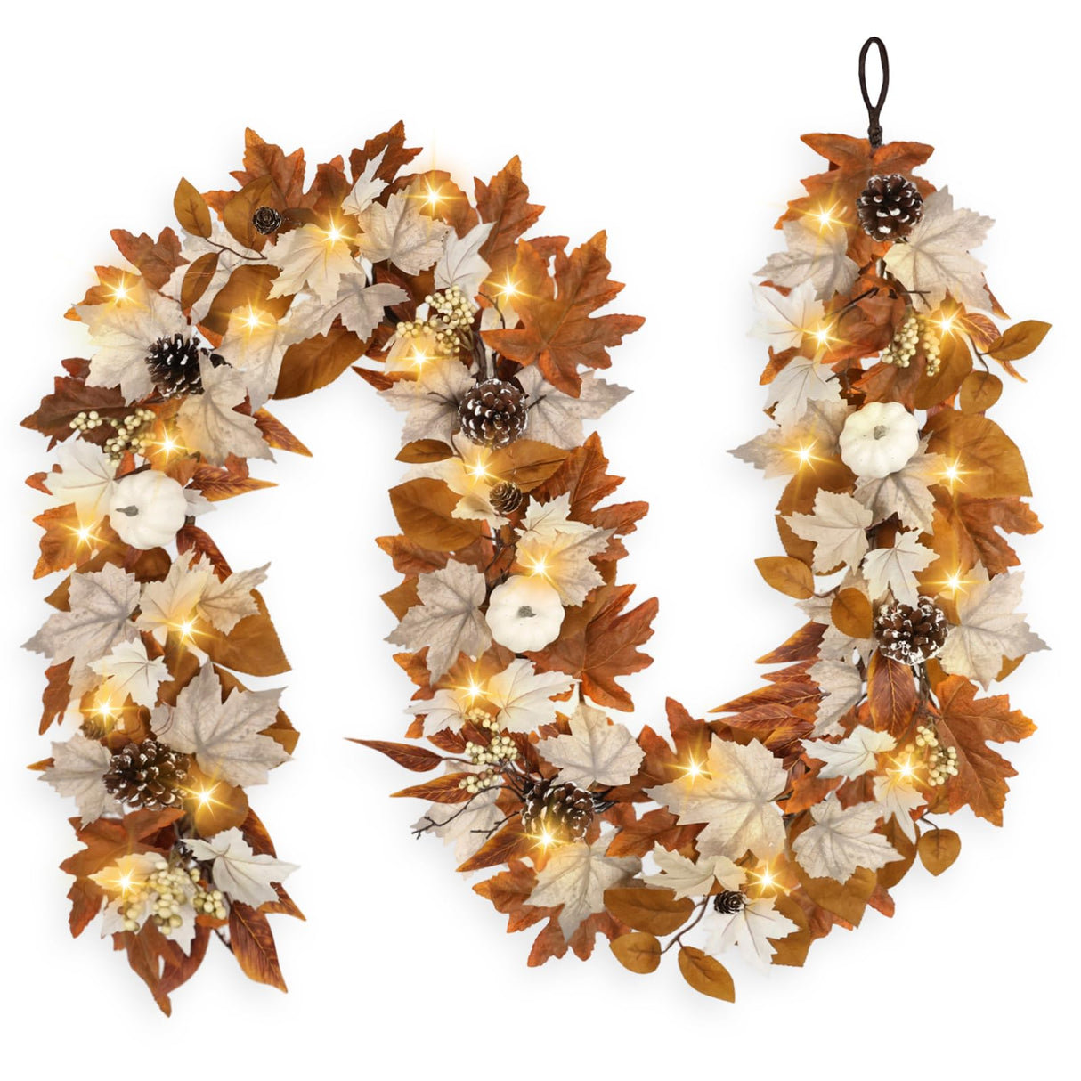 6 FT Fall Garland with Lights Automatic ON/Off Fall Leaves Mantle Garland with Pumpkins Berries Pinecones Outdoor Thanksgiving Christmas Autumn Centerpiece Decorations for Home Door Fireplace Porch