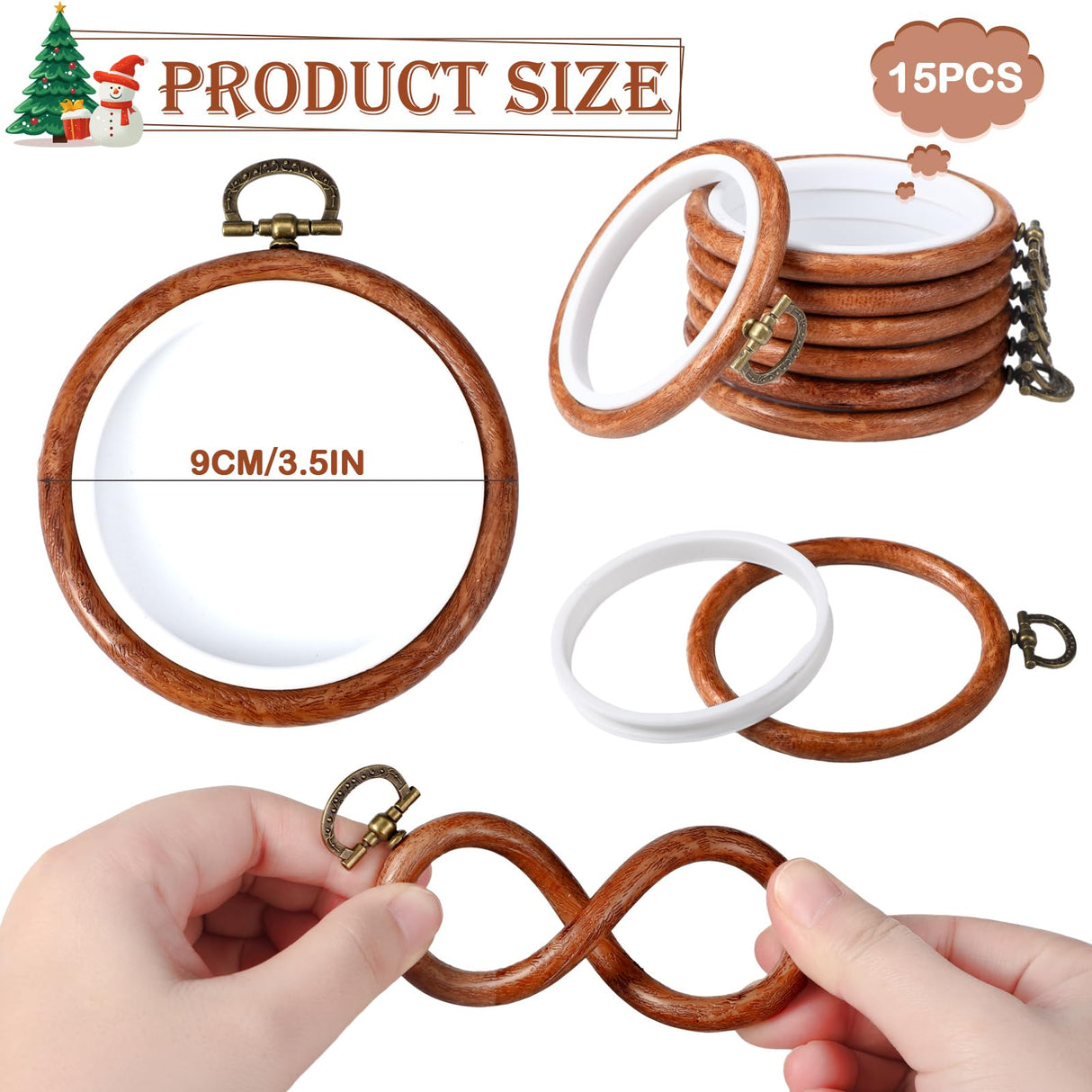Burbell 15 Pcs 3 Inch Round Embroidery Hoops Frame Circle Rubber Hoops Ring Display Cross Stitch Ornament Imitated Wood Frame Kits for Christmas Halloween Craft Sewing DIY Hanging Gifts