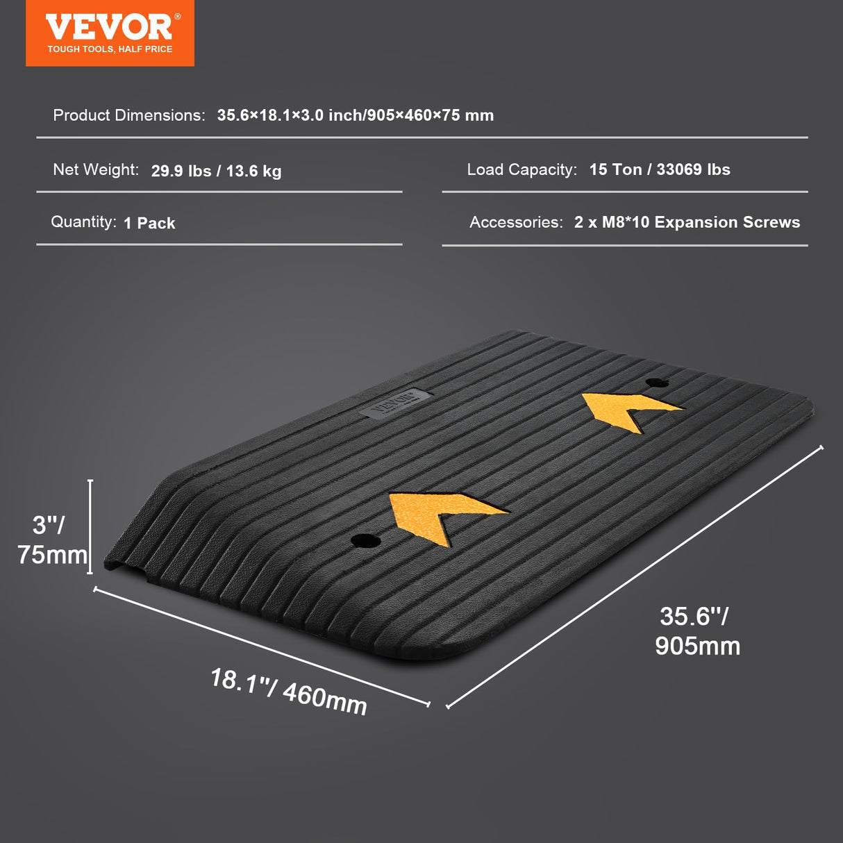 VEVOR 3" Rise Rubber Threshold Ramp for Doorway,Door Ramp with Non-Slip Textured Surface,33069lbs Load Capacity, Rubber Curb Ramp for Wheelchair and Scooter