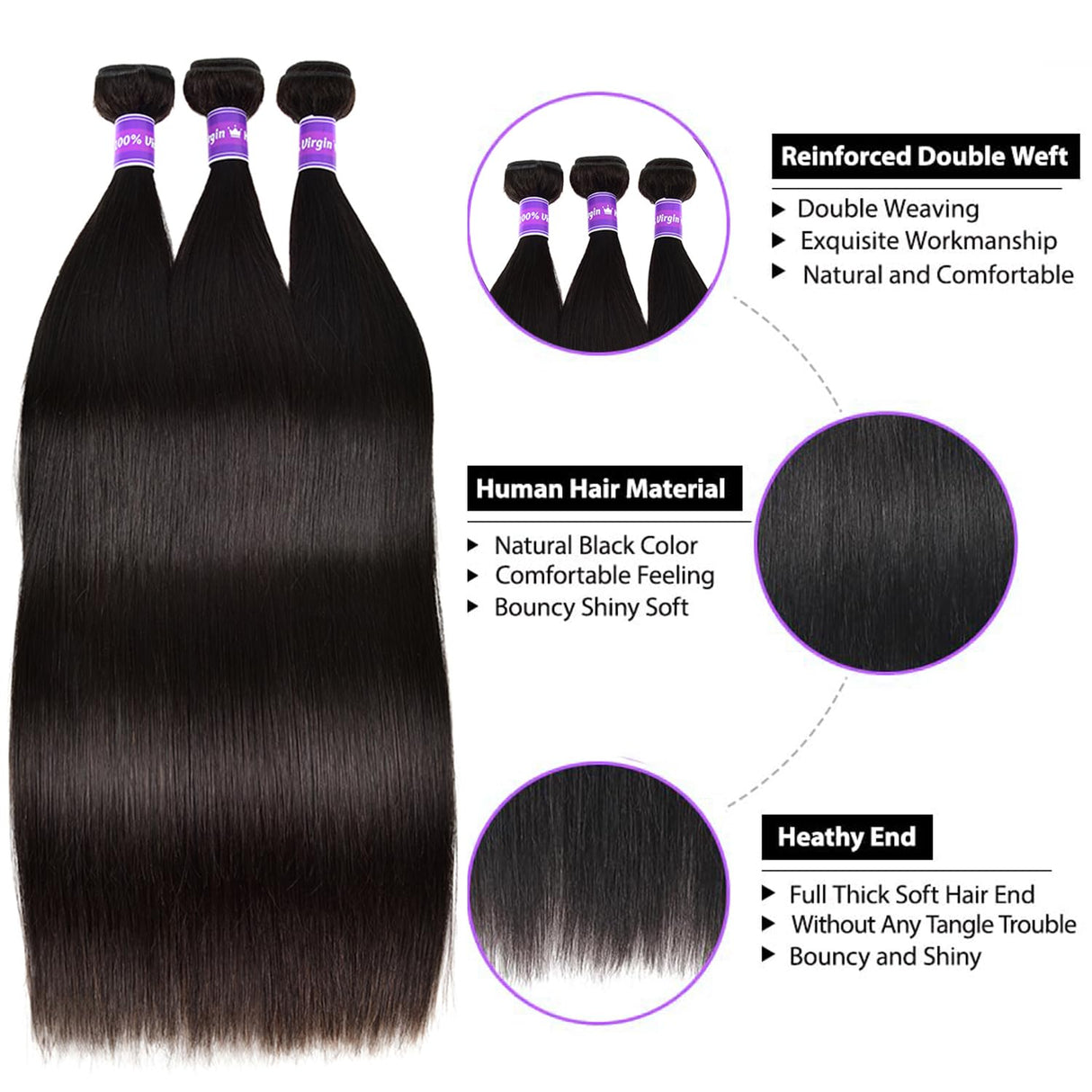 10A Human Hair Bundles 26 28 30 Inch Straight 3 Bundles Human Hair Brazilian Virgin Hair Weave Bundles Human Hair Extension 100% Unprocessed Weave Bundles Double Weft Natural Black