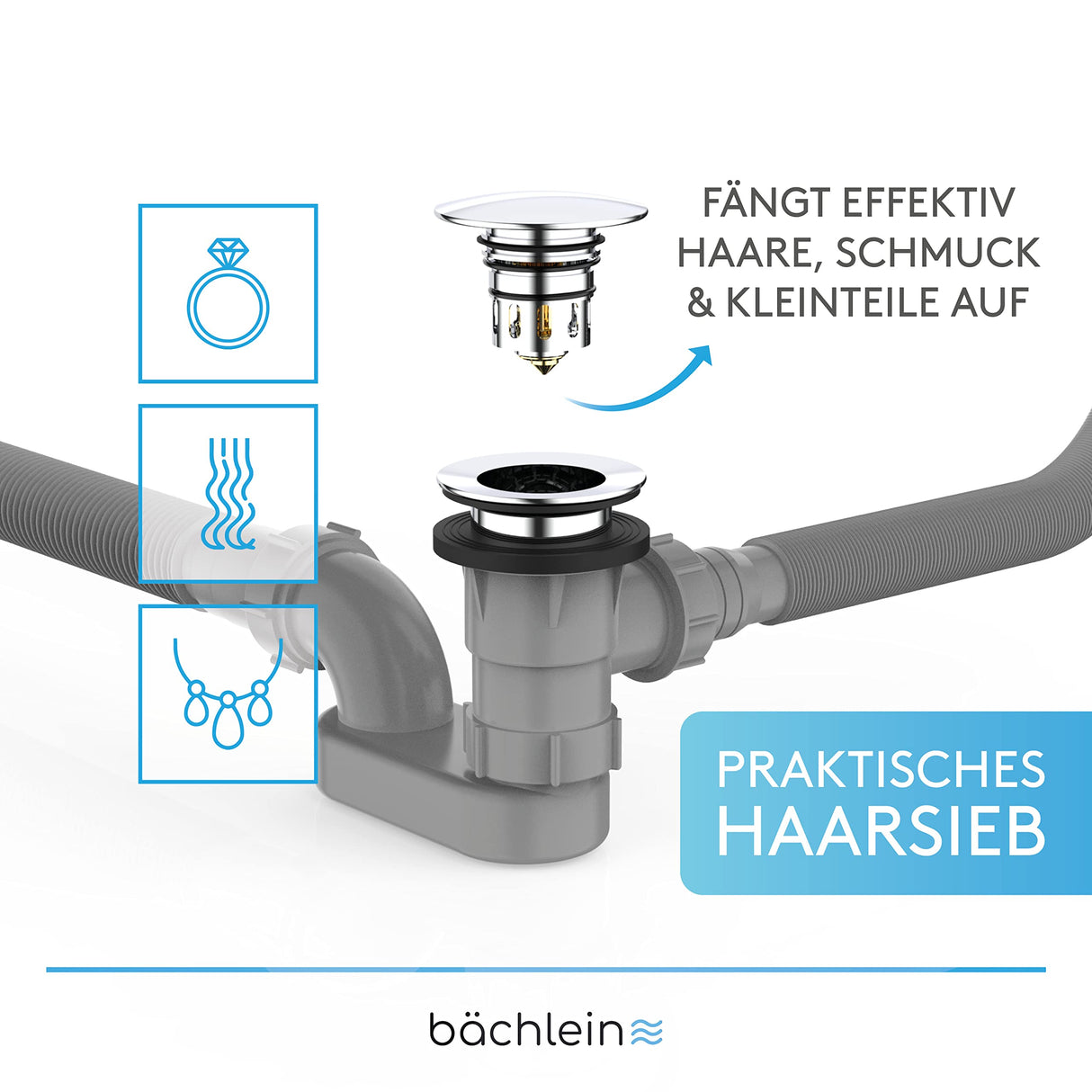 Bächlein Pop-up Drain for The Bathtub, pop-up Function with Sieve for a Clean Bathtub Drain, Complete kit with Flexible Overflow, Overflow Cover and Siphon