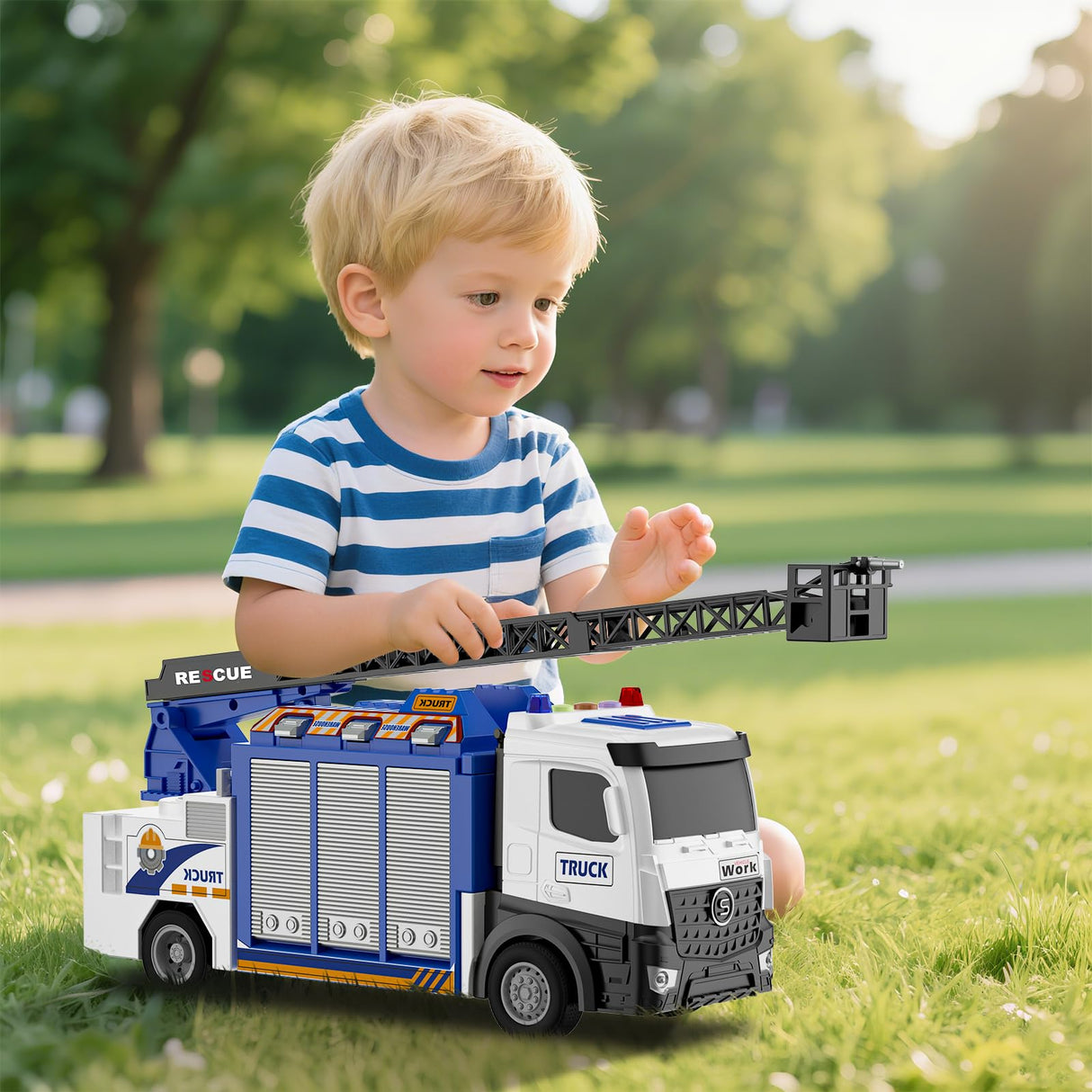 3-in-1 Large Fire Truck Toy with Garage & 6 Cars, Water Pump, Extendable Ladder, Lights & Siren Sounds, Fire Rescue Truck Vehicle Toy for Boys Girls 3+, Christmas Birthday Gift