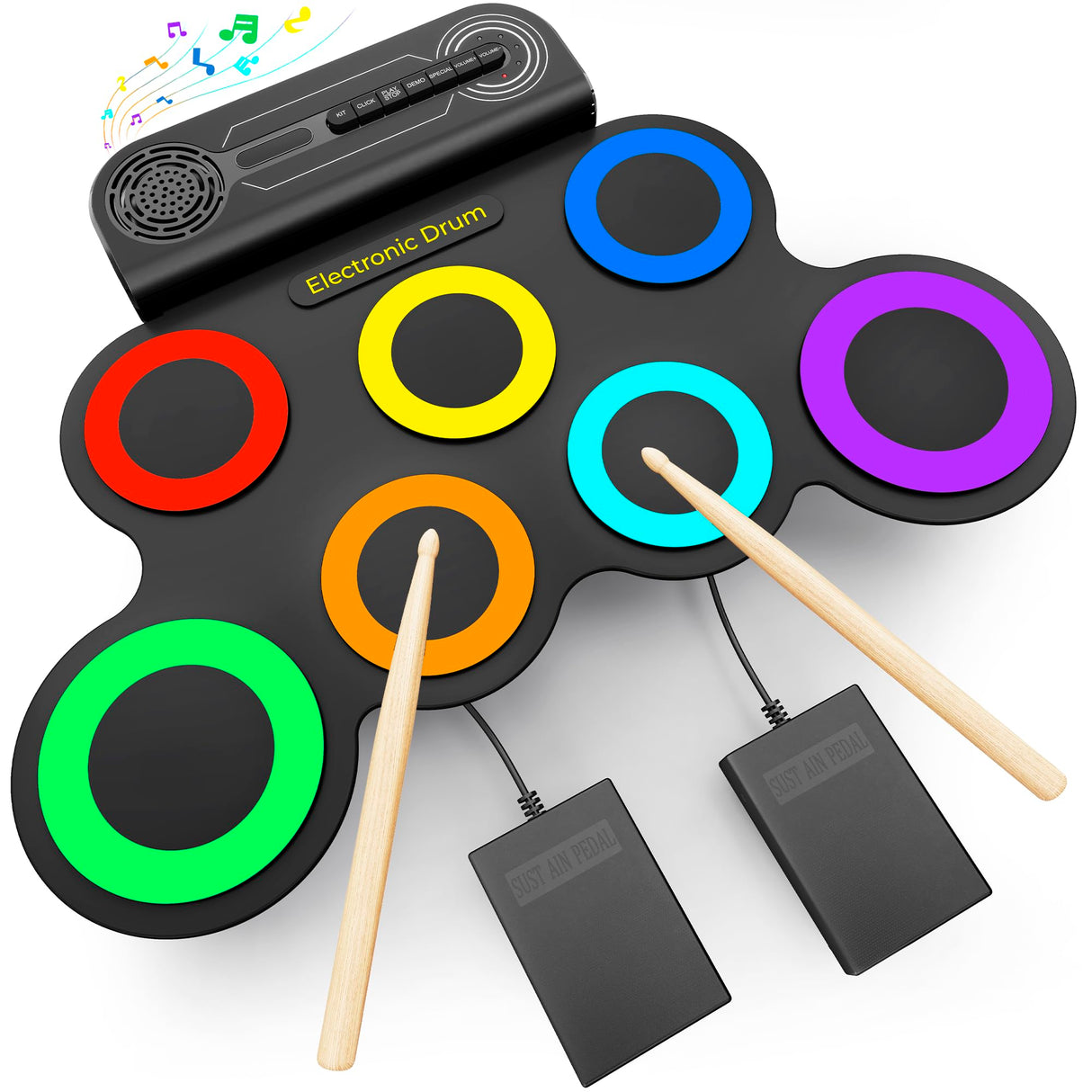 VerkTop Electric Drum Set Built-in Speaker, Kids Electronic Drum Practice Pad Kit, Portable Roll Up Drum Machine with 2 Foot Pedals, Drumsticks, Great Birthday Christmas Gifts for Girls Boys