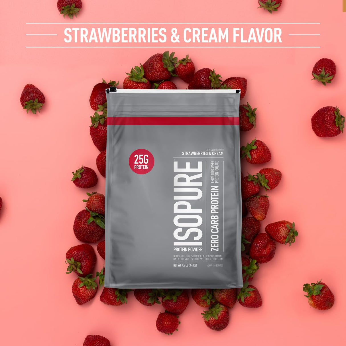 Isopure Zero Carb 100% Pure Whey Isolate Protein Powder, Lactose Free, Gluten Free, With Vitamins, Strawberries & Cream, 25g Protein Per Serving, 7.5 Lbs, 110 Servings (Packaging May Vary)