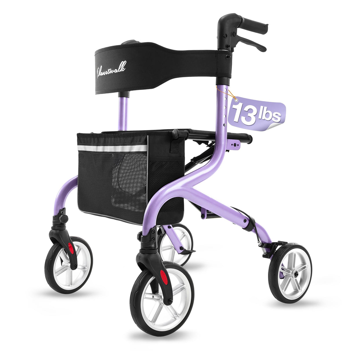 PLANET WALK Super Lightweight Rollator Walker for Seniors, Foldable Rolling Walker with Seat and 8" Rubber Wheels for All Terrain, Unique Design Aluminium Frame Sturdy Walkers for Traveling - Purple