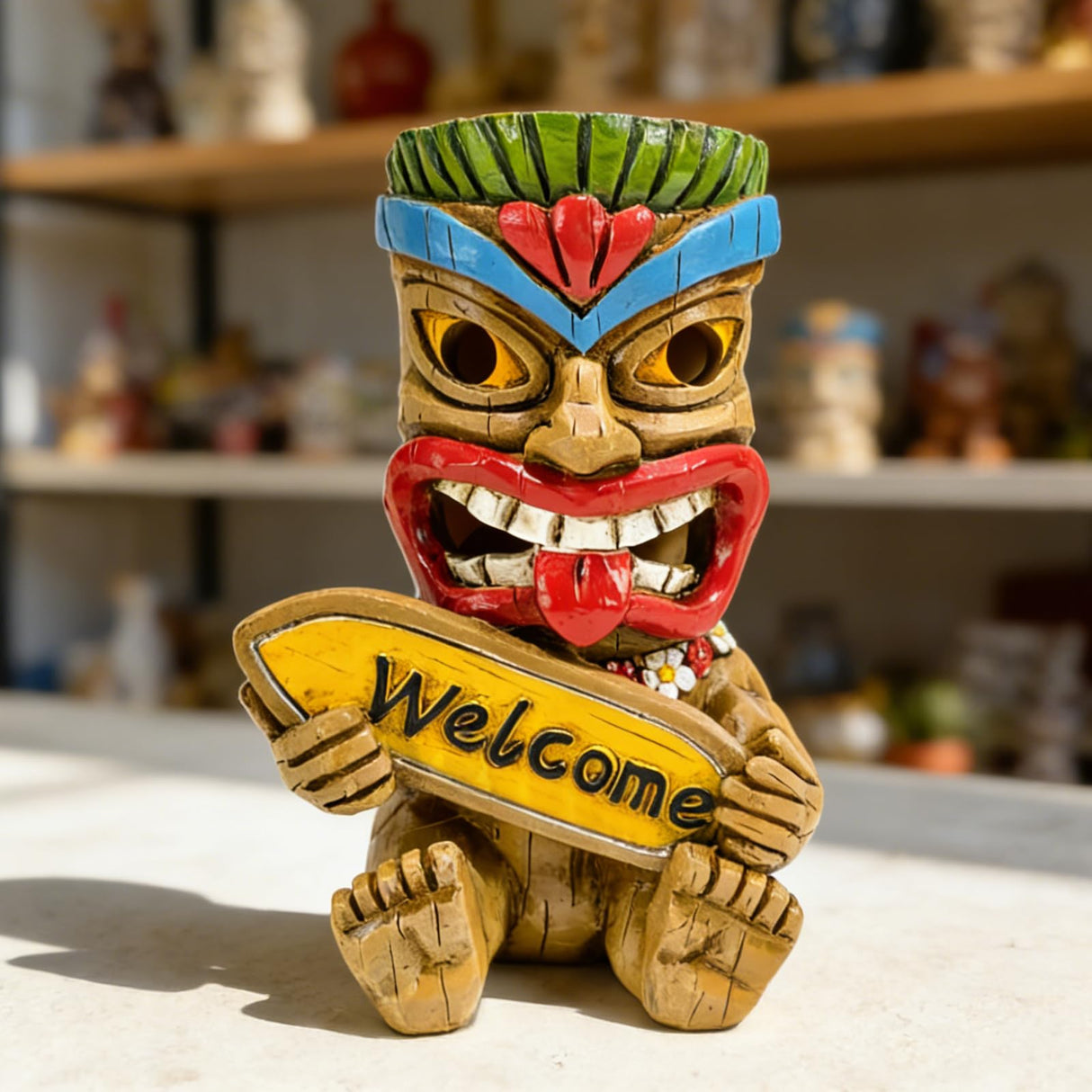 Suyorpe Miniature Tiki Garden Statue Solar Outdoor Decorations - Tiki Bar Welcome Sign Lights for Patio Yard Lawn Ornaments Gifts for Birthday Housewarming Summer 3.2''(W) x 3.4''(D) x 5.9''(H)