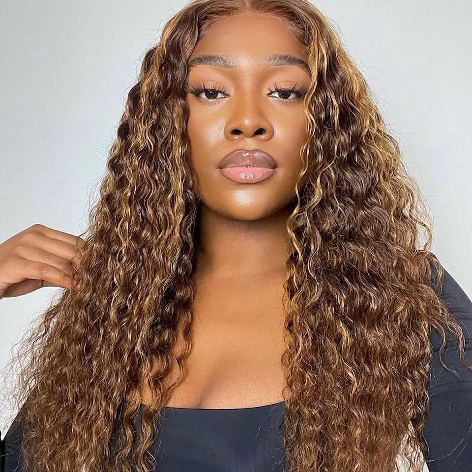 Chesma 28inch Highlight Ombre Lace Front Wig Human Hair 13x4 HD Honey Blonde 4/27 Deep Wave Lace Frontal Wigs Glueless Wigs Human Hair Pre Plucked with Baby Hair 180 Density