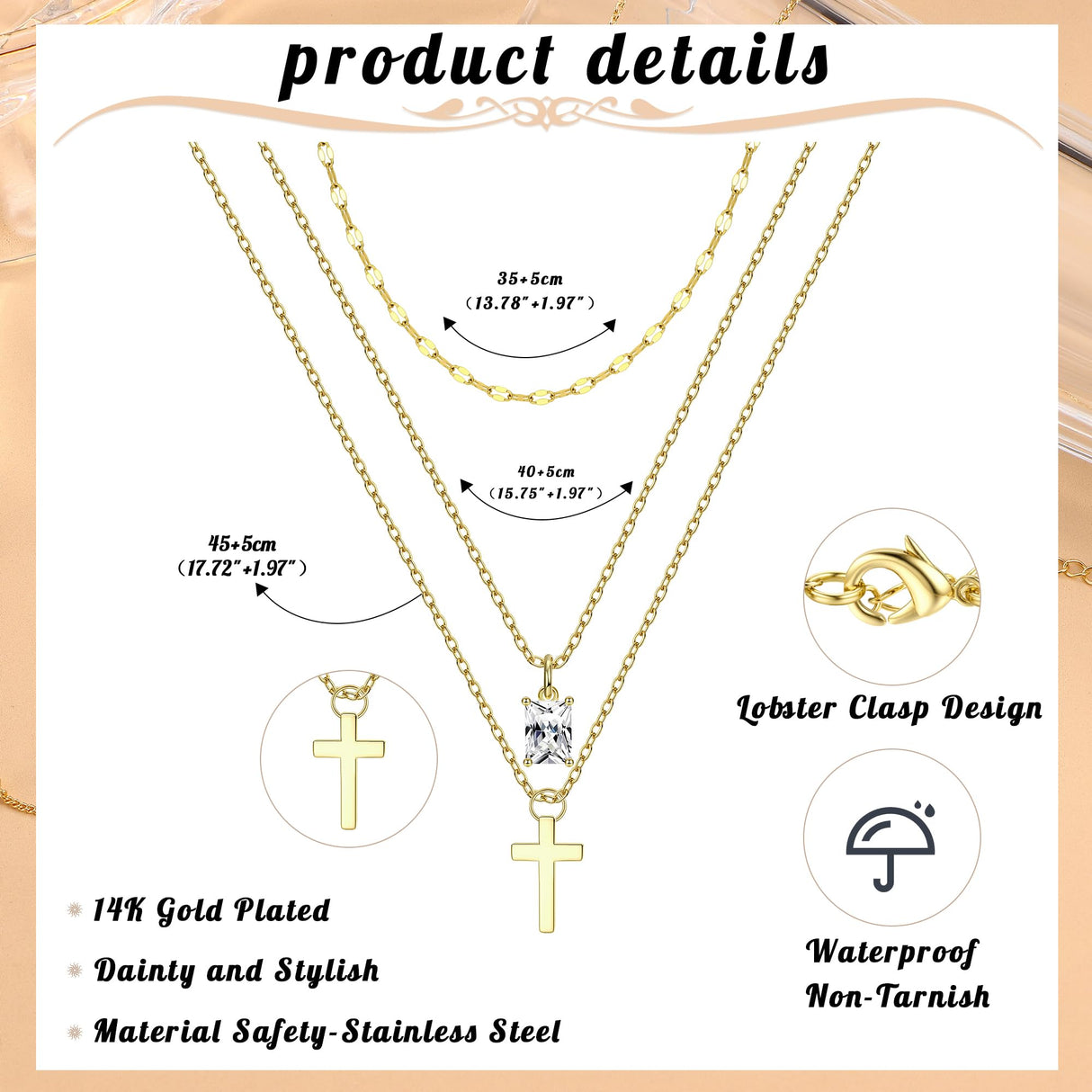 Kakonia Layered Gold Necklaces for Women, Gold Necklace Stack, Cross and CZ