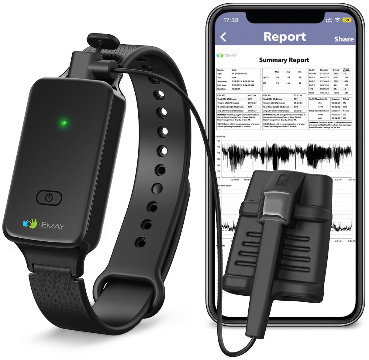 SleepO2 Wrist Recording Pulse Oximeter by EMAY | Continuous Pulse Oximeter to Record Blood Oxygen Saturation and Pulse Rate Overnight | Export Sleep Report & Raw Data