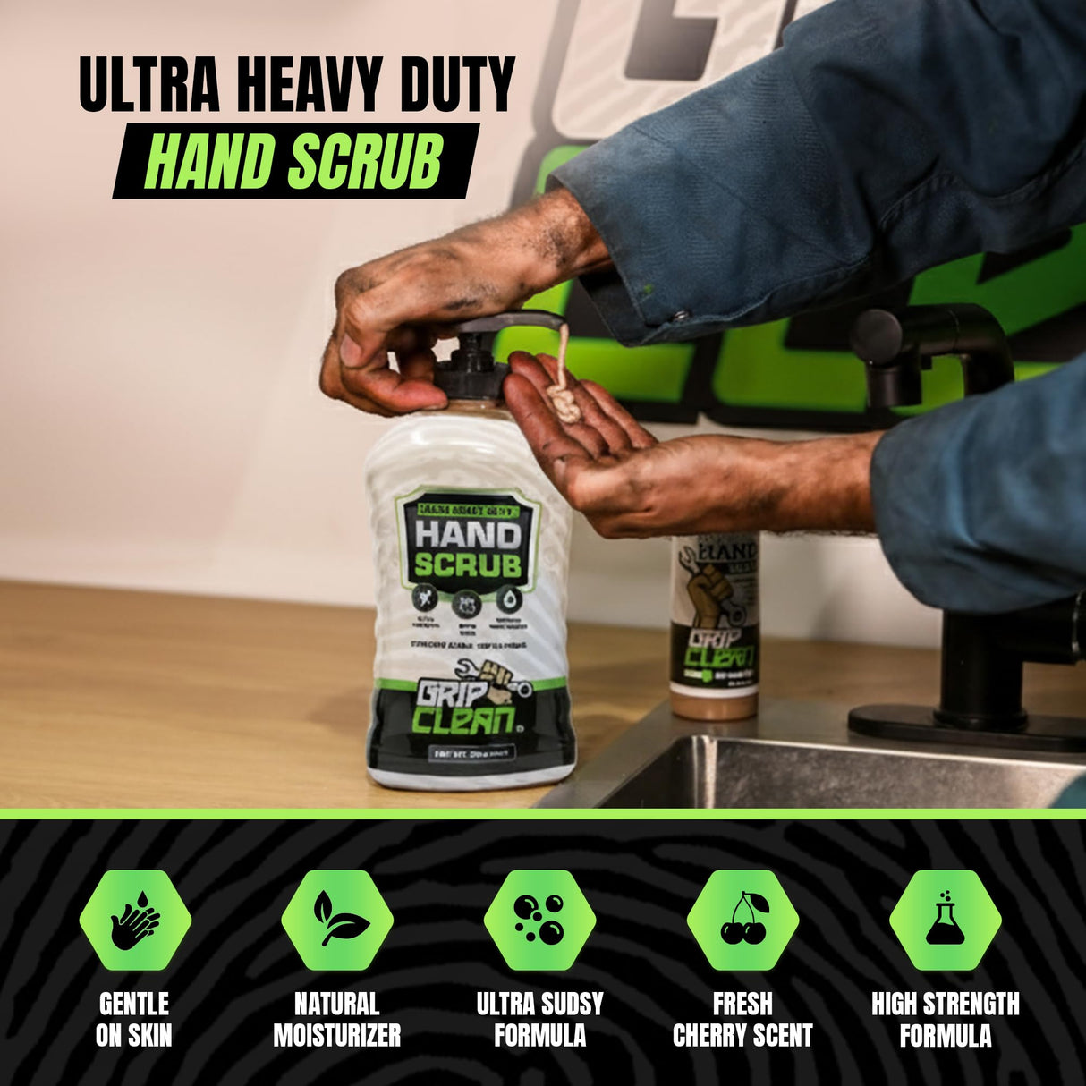 Grip Clean Ultra Heavy Duty Hand Cleaner for Mechanics β Walnut Shell & Clay-Infused Technology Removes Grease, Oil & Paint β Pro-Grade Industrial Hand Soap with Cherry Scent - 32 Fl Oz