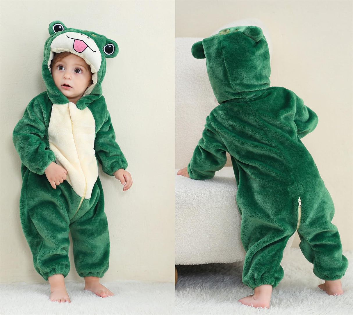 Flannel Long Sleeve Animals Costume for Baby Boy Girl Autumn Winter Toddler Front Zip Hooded Romper Frog Cosplay Jumpsuit for Halloween Christmas 100