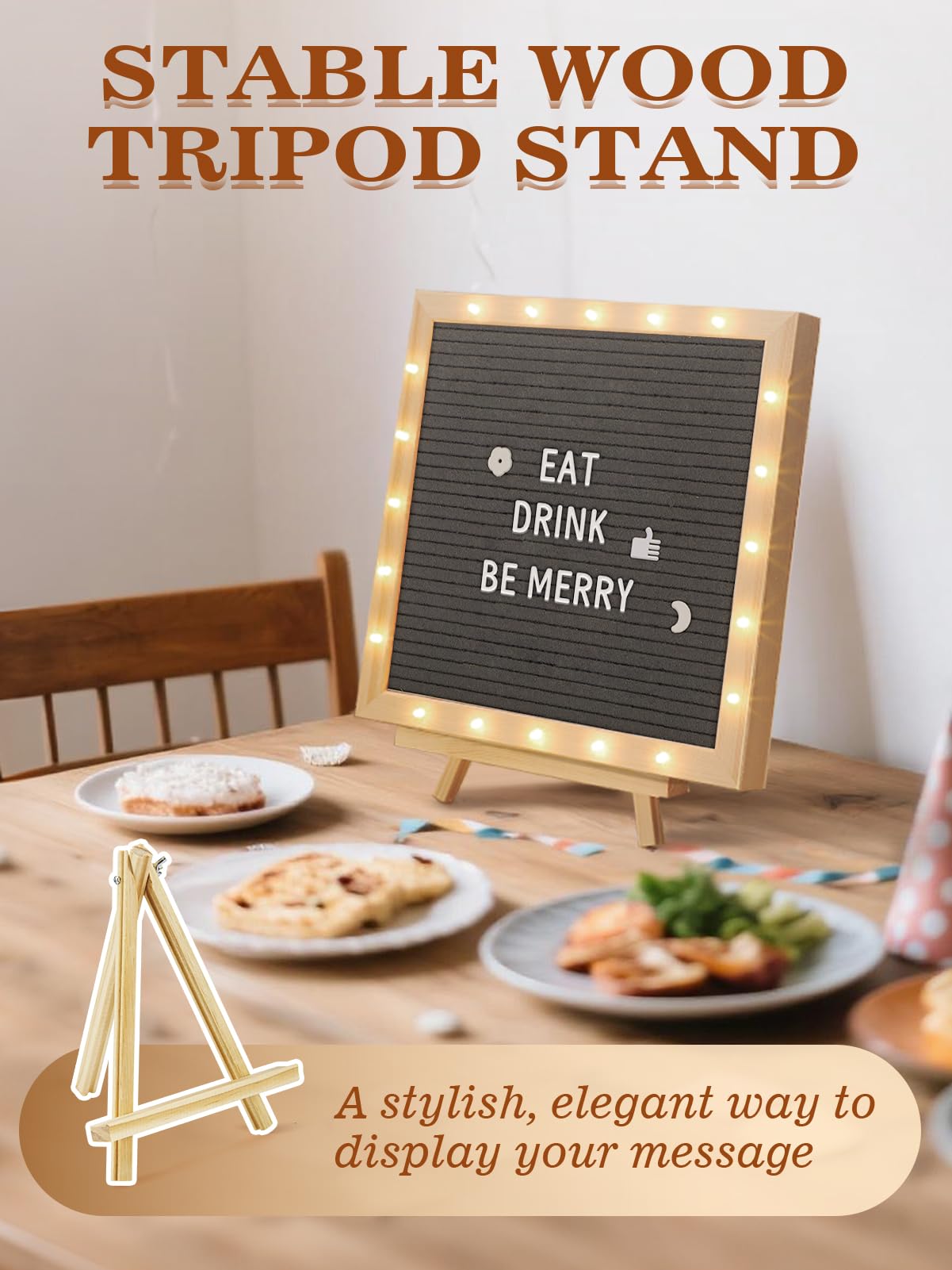 Changeable Felt Letter Board with LED Lights - 10×10" Message Custom Signs & Wood Stand & 450 Letters, Poster Board for Christmas/Pregnancy/Baby Announcement/Classroom Wall Decor Gifts, Grey