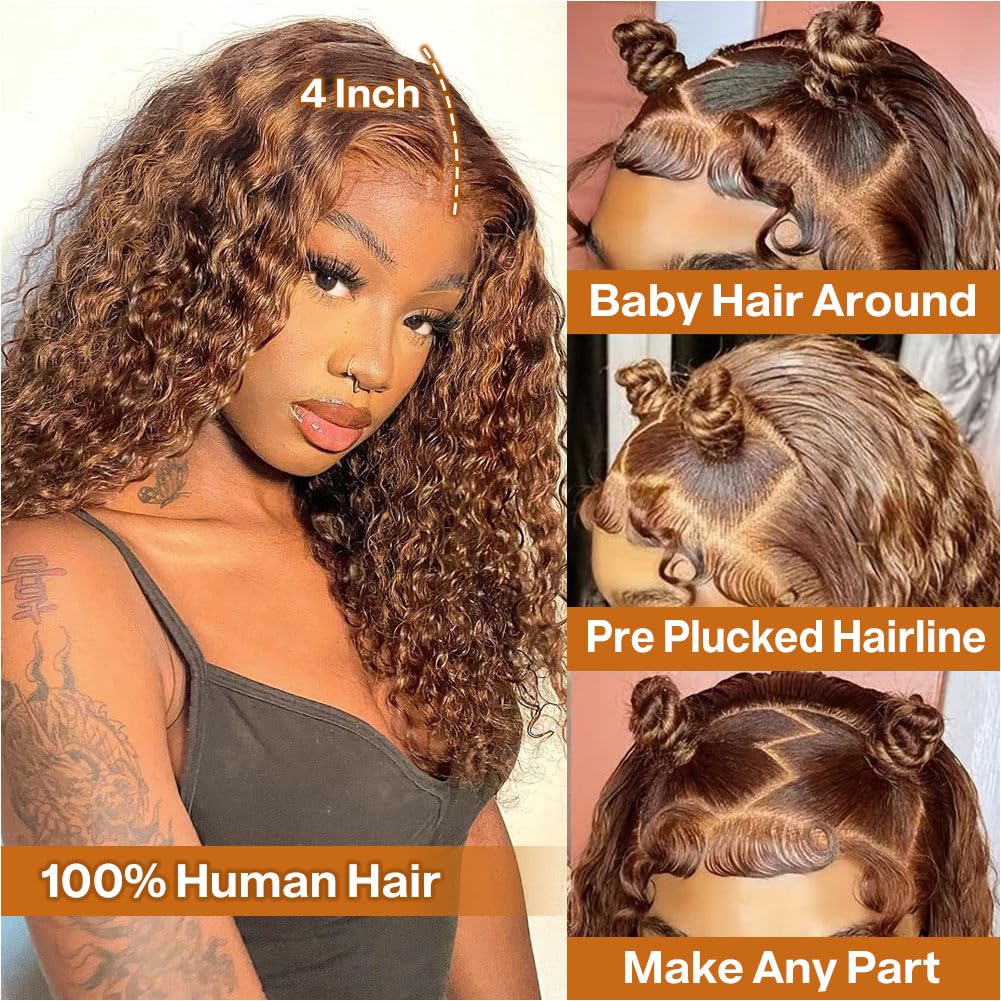 HIRIREMY Ombre Highlight Deep Wave Curly Bob Wigs Human Hair Pre Plucked Wear And Go Glueless 13x4 Hd Honey Blonde Highlight Lace Front Wig Human Hair For Black Women Wet And Wavy 4/27 14 Inch