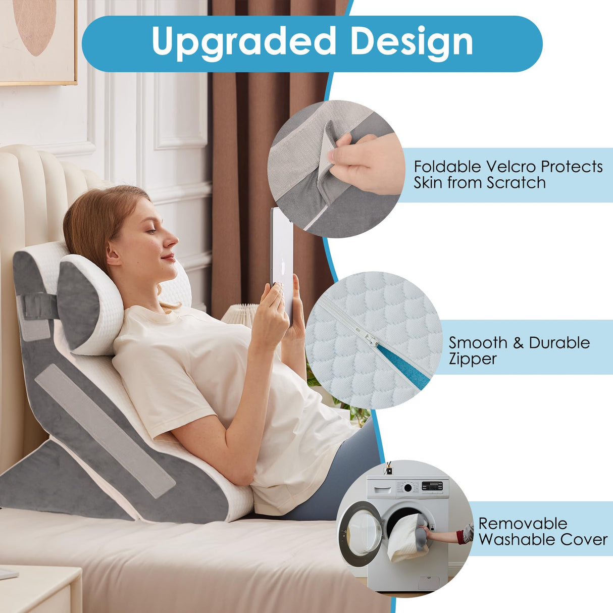 MEGCXIT 4PCS Bed Wedge Pillow for Headboard, 10-in-1 Adjustable Foam Wedge Pillow for Acid Reflux Relief, 23” Wide Triangle Pillow Wedge for Post Surgery, Back Pain Relief & Snoring, White/Grey