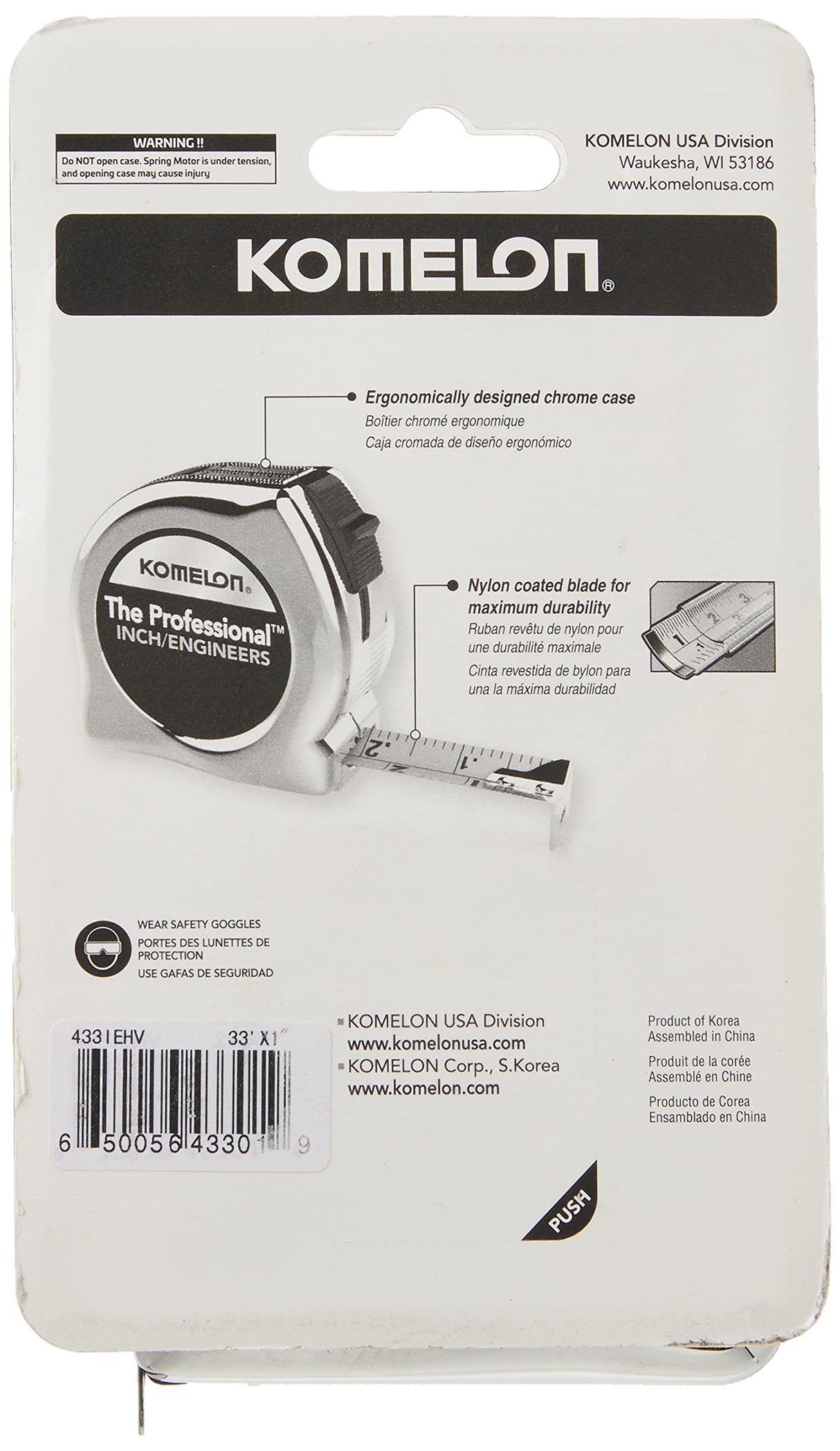 Komelon 433IEHV High-Visibility Professional Tape Measure both Inch and Engineer Scale Printed 33-feet by 1-Inch, Chrome