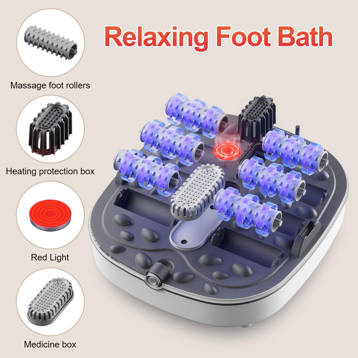 GEHONA Collapsible Foot Spa Bath with Heat,Foot Massager with Two Side Supports,Leakage Protector,Temperature Control,Bubbles,Red Light,Timer, Feet Spa Tub,Feet Soaker,Gifts (White)