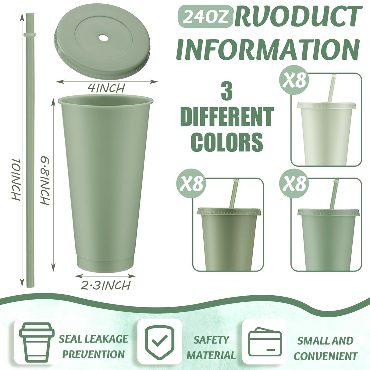 Skylety 24 Pcs Sage Green Plastic Cups with Lids and Straws 24 oz Reusable Tumbler Large Travel Mug Cup Coffee Beverage Drinks Party Supplies for Christmas Wedding Bridal Baby Shower Birthday