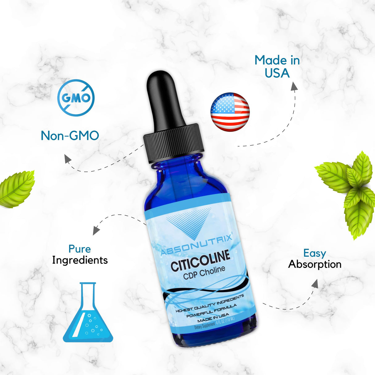 Absonutrix Citicoline 590 mg, 4 Oz Bottle, 200 Servings, Made in USA, Quick Absorption, Quality Potent Ingredients, Non-GMO, GMP Certified, Cruelty-Free Products