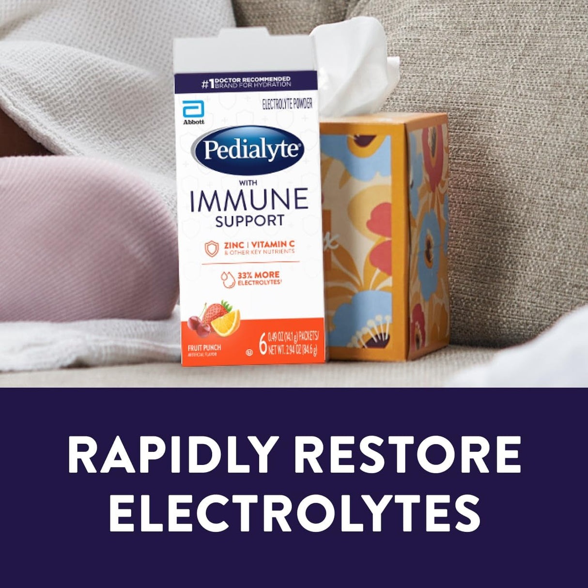 Pedialyte with Immune Support, Electrolyte Drink Powder with Vitamin C and Zinc, Advanced Hydration, Fruit Punch, 24 Powder Packets