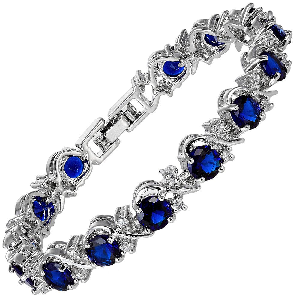 RIZILIA BLOSSOM Blue Sapphire CZ 18K White Gold Plated Tennis Bracelet