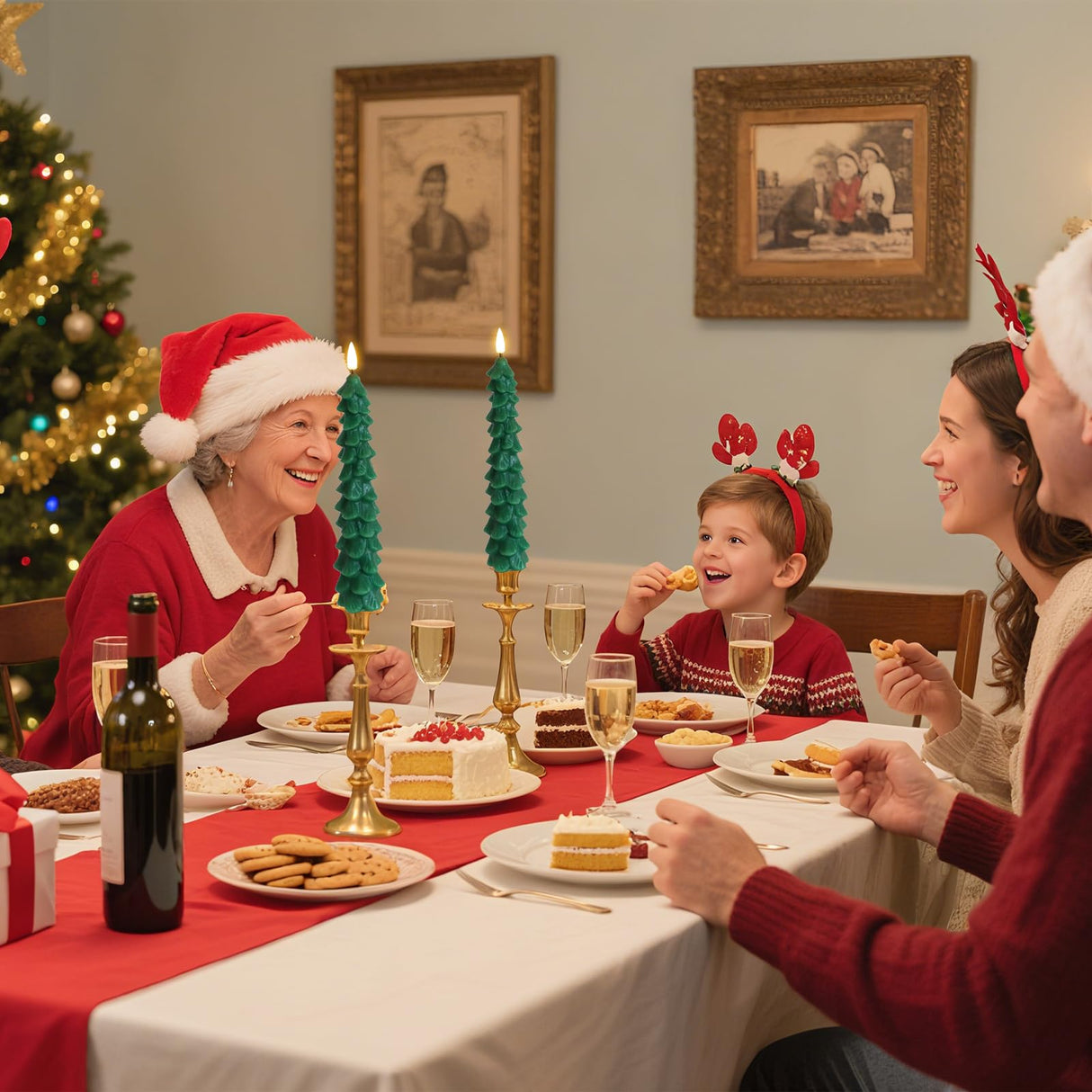 Fo32won Christmas Tree Shaped Flameless Candlesticks Battery Operated with Remote and Timer, Set of 4 Real Wax LED Taper Candles with 3D Flickering Wick for Christmas Decoration Gift