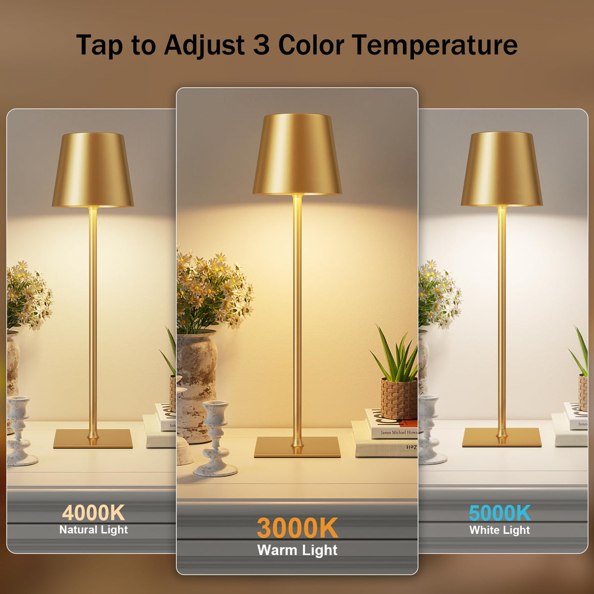 Gold Cordless Rechargeable Table Lamp, 2 Pack Portable Desk Lamp with 5000mAh Battery, Touch Control Stepless Dimming, Wireless Night Light for Dining, Outdoor Camping, Coffee Shop, Waterproof Design