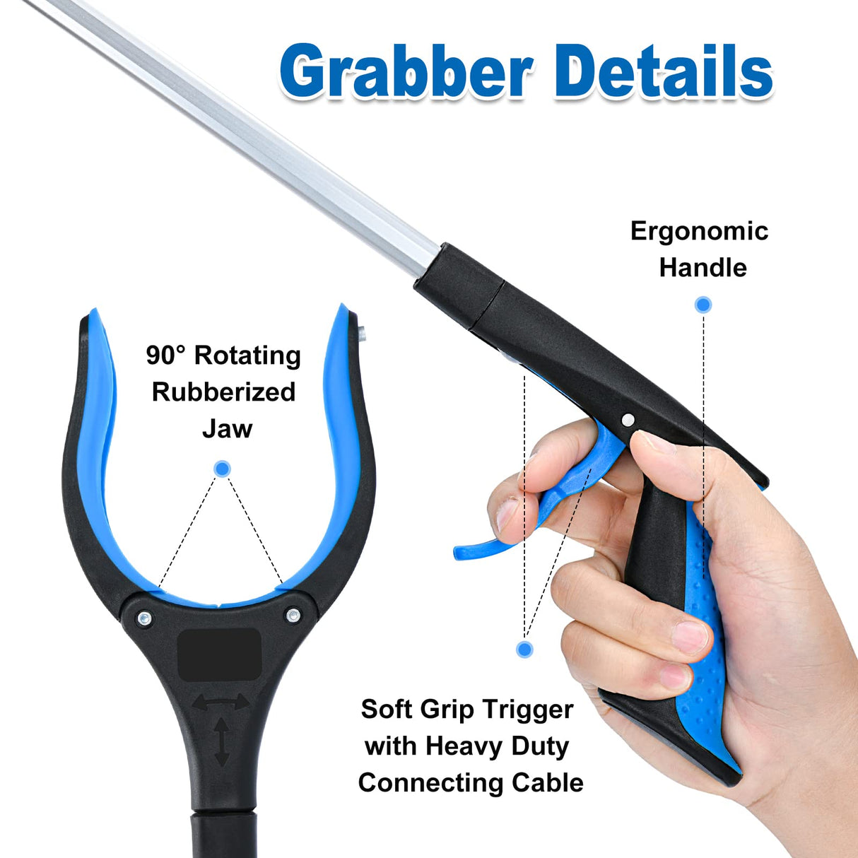 2-Pack Grabber Reacher Tool,32 Inch Foldable Reacher Grabber Pickup Tool with Strong Grip Magnetic,360°Rotating Anti-Slip Jaw,Trash Claw Grabber Tool,Grabbers for Seniors for Outdoor & Indoor (Blue)
