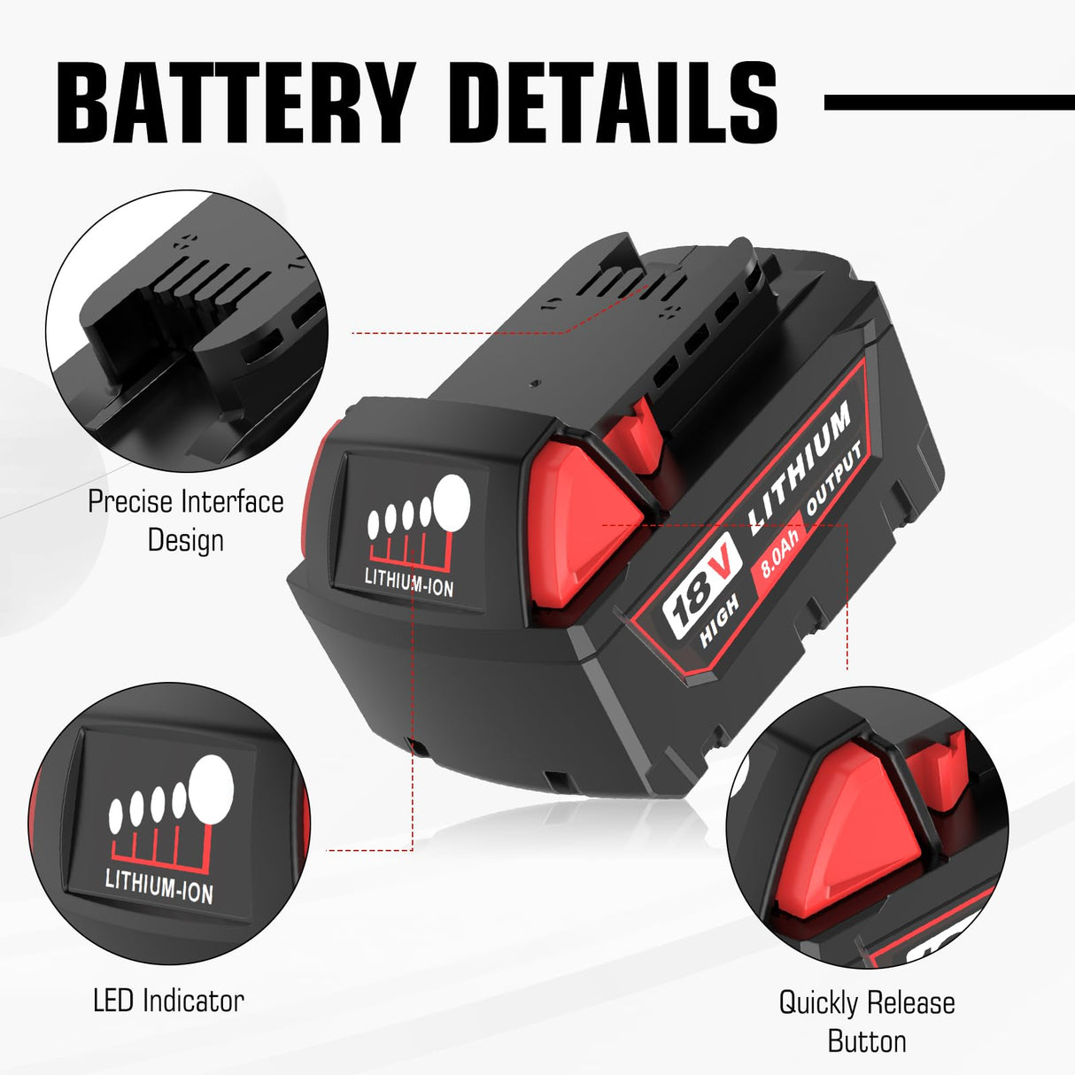 4 Pack 8.0Ah Extended Runtime Lithium-Ion Battery Replacement for Milwaukee 18V Battery 48-11-1862 48-11-1852 48-11-1880 48-11-1882 Compatible with Milwaukee 18 Volt Batteries Cordless Tools(Red)
