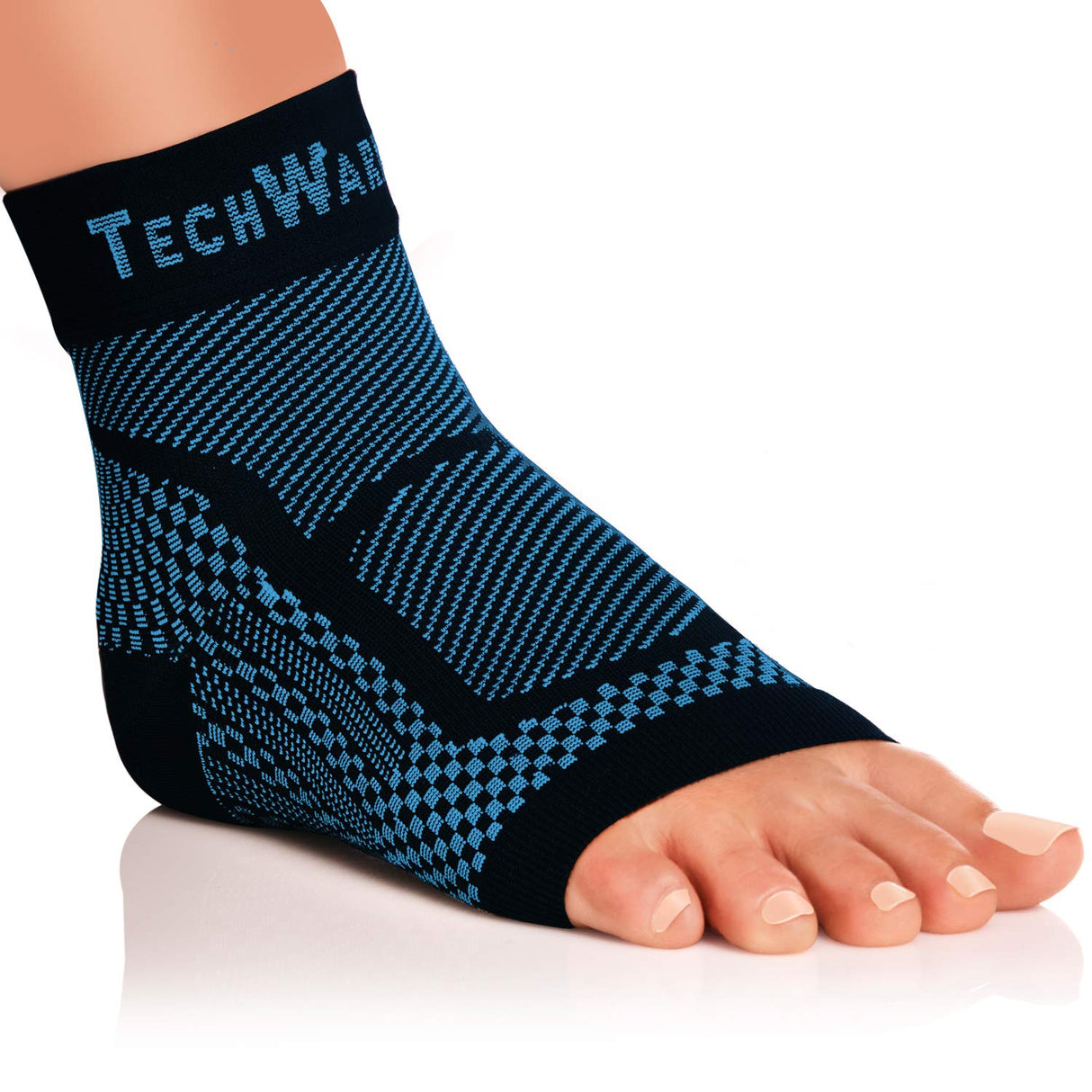 TechWare Pro Ankle Brace Compression Sleeve - Relieves Achilles Tendonitis, Joint Pain. Plantar Fasciitis Foot Sock with Arch Support Reduces Swelling & Heel Spur Pain. (Black/Blue, L/XL)