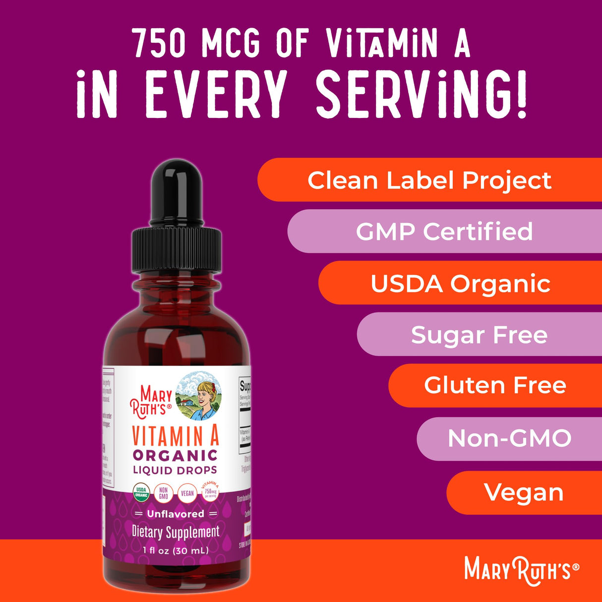 MaryRuth Organics USDA Organic Vitamin A Liquid Drops | 3 Month Supply | Immune Support, Eye Health, Skin Health for Ages 14+ | 750mcg per Serving | Sugar Free | Vegan | Non-GMO | Gluten Free | 1oz