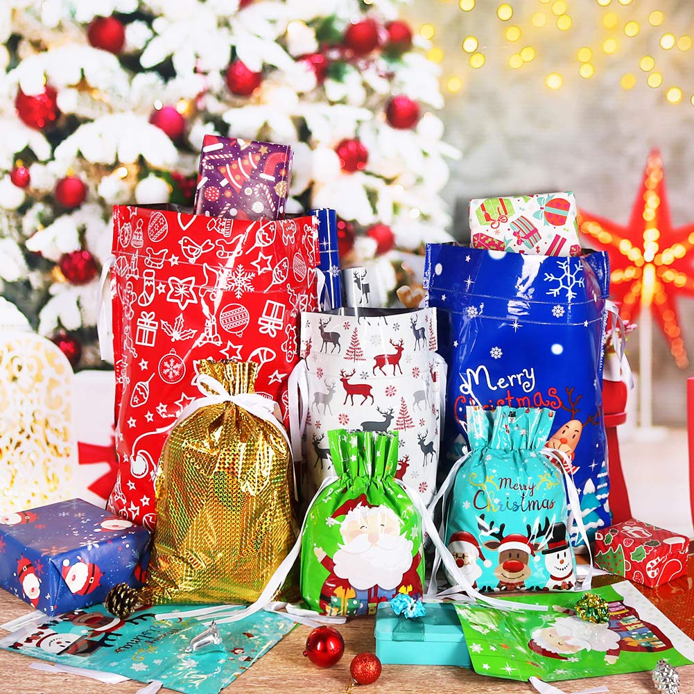HRX Package Holiday Drawstring Gift Bags, 30pcs Christmas Foil Gift Wrapping Sacks Pouches for Xmas Presents Party Favor (Large Medium Small)