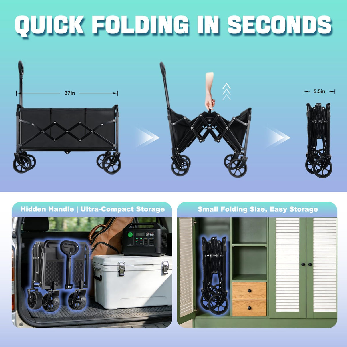 500LBS Heavy Duty Collapsible Wagon Cart with 360ยฐSwivel Break for Beach