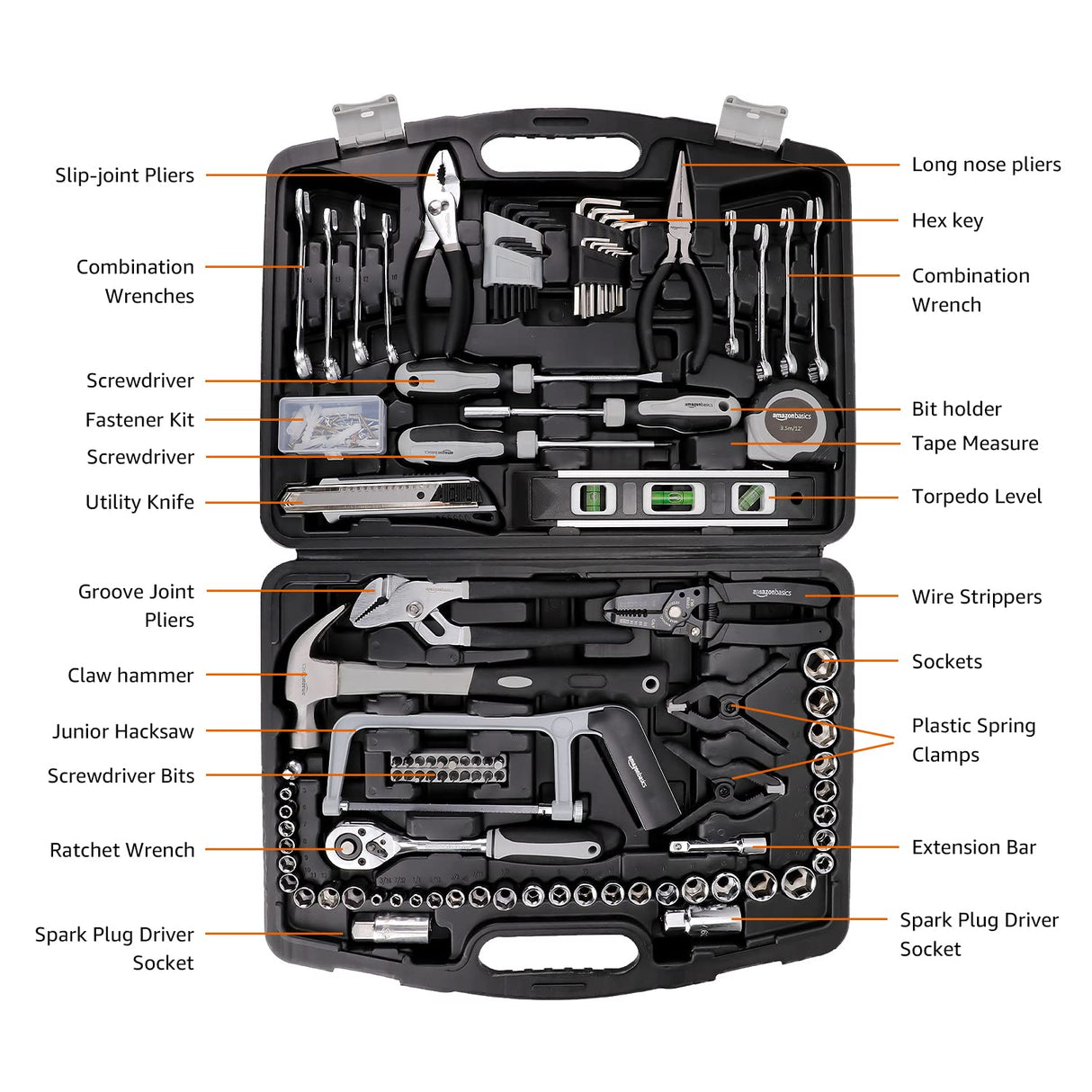 Amazon Basics 173-Piece General Household Hand Tool Set with Storage Case, Portable Tool Kit for Home Maintenance and Everyday Repairs