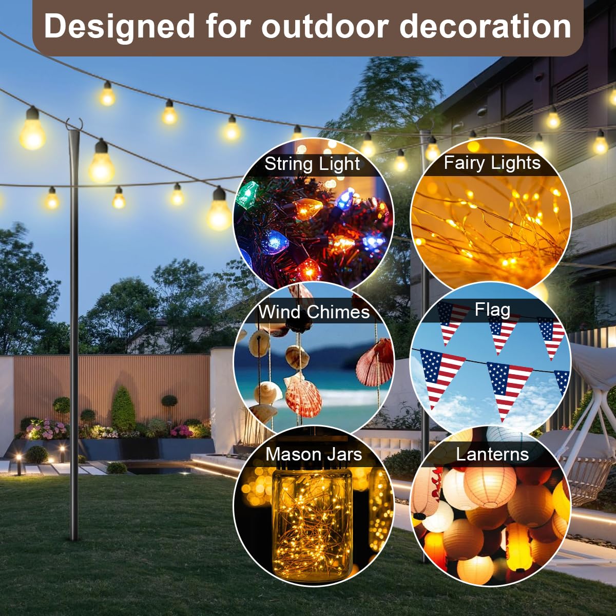 MuliVid 6 Pack 9FT String Light Poles for Outdoor,Metal Lights Hanging Pole Outside with Fork,Light Stand for Patio, Pergola, Garden, Backyard, Yard, Camping Party