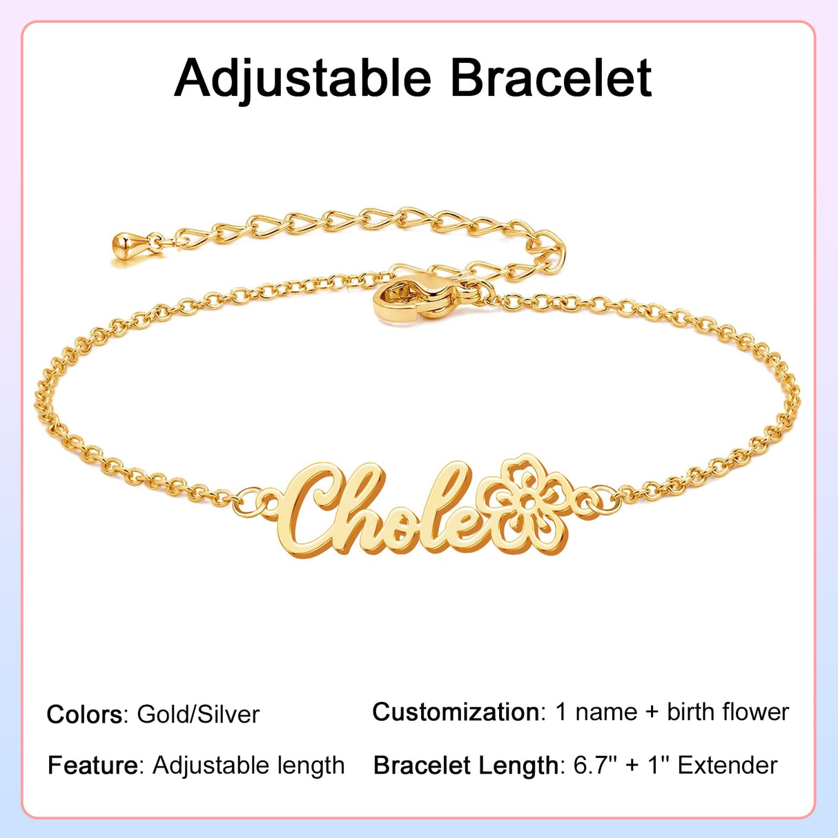 Elemtansy Custom Bracelet with Name and Birth Flower, Personalized Name Bracelets for Women, 18K Gold Plated Adjustable Charm Bracelet Personalized Birthday Gifts for Sister Mom