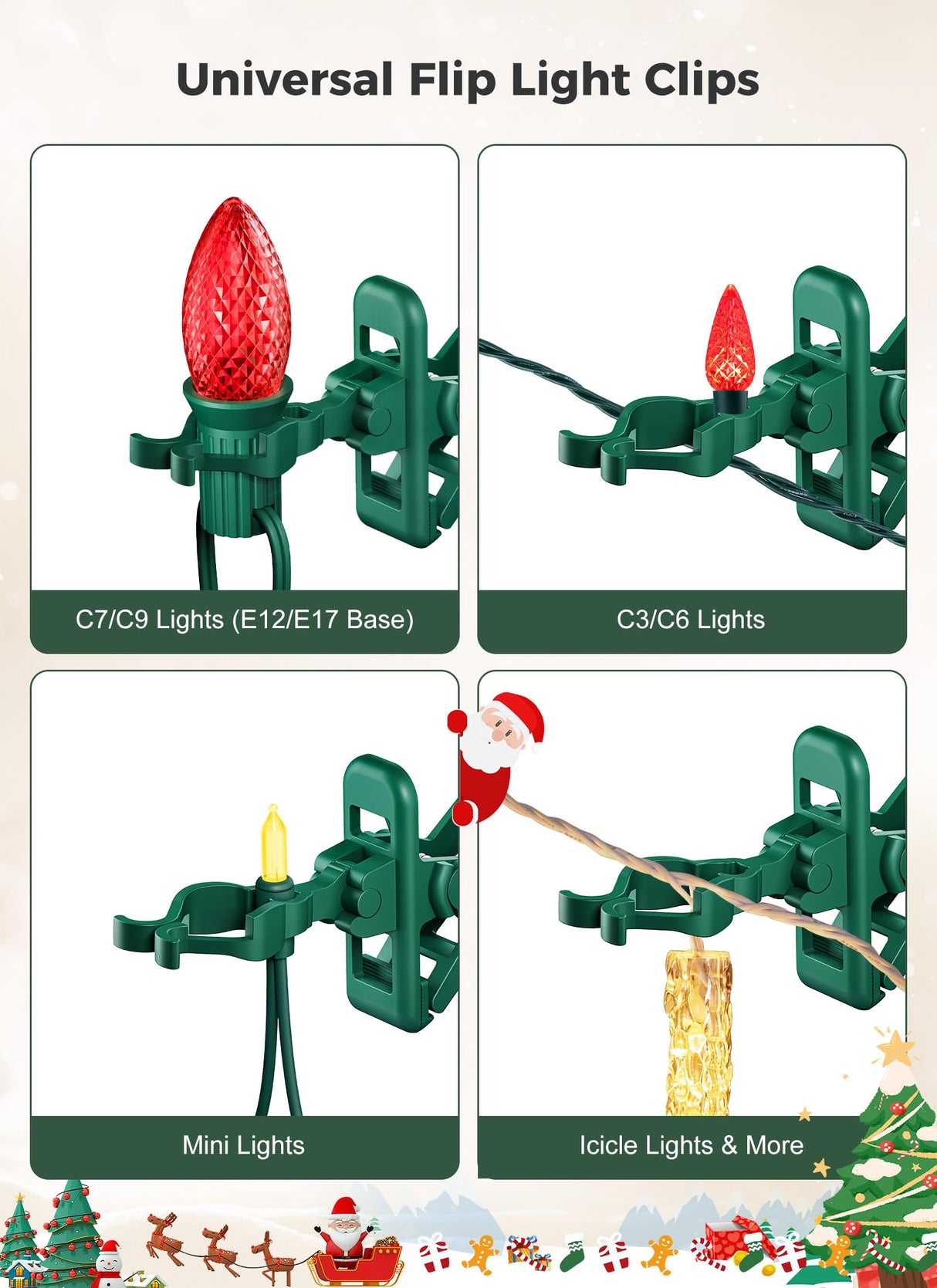 C7 C9 Christmas Lights Spring Clips, 100 Count Holiday Lights Quick Spring Clips, Shatterproof Shingle and Gutter Clips for E12, E17Socket, Rope Lights Roofline Fence Railing Mantel Christmas Trees