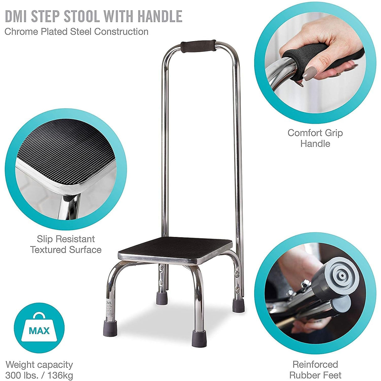 DMI Step Stool with Handle and Non Skid Rubber Platform, Lightweight and Sturdy Stool for Seniors, Adults and Children, Holds up to 300 Pounds with 9.5 Inch Step Up, 17.3"D x 12.3"W x 34"H, Chrome