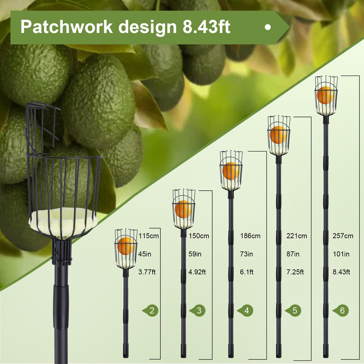 TwinkleTool Fruit Picker Pole with Basket - 8.43FT(101Inch) Adjustable Fruit Picker with Basket, Orange Picker, Fruit Picking Pole for Orange Apple Avocados Lemon, Black