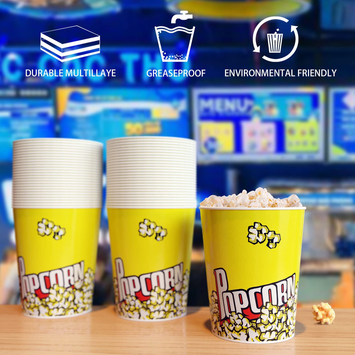 32 Oz Popcorn Buckets 50 Pack Retro Style Disposable Popcorn Box Grease Resistant Small Popcorn Holer for Home Movie Night Birthday Christmas Concession Stands Popcorn Bars