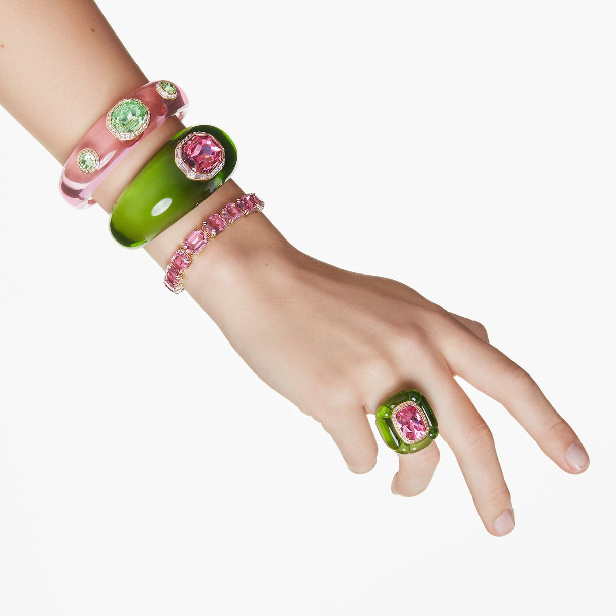 Swarovski Dulcis cuff, Mixed cuts, Multicolored, Gold-tone finish
