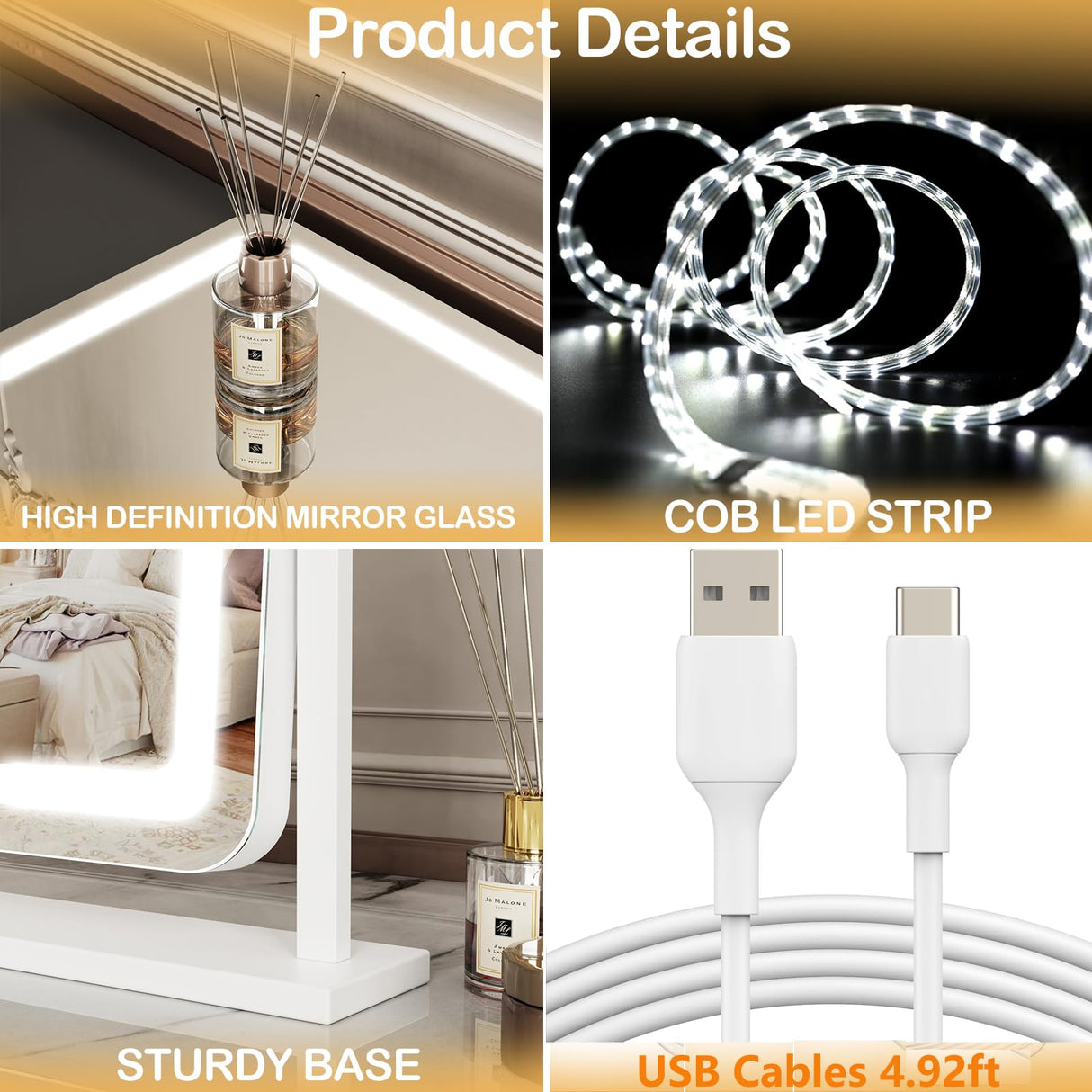 Lighted Makeup Mirror, Hollywood Vanity Mirror with Lights, Three Color Lighting Modes, and Detachable 10X Magnification Mirror, Smart Touch Control, 360°Rotation (15.2in. Gold)