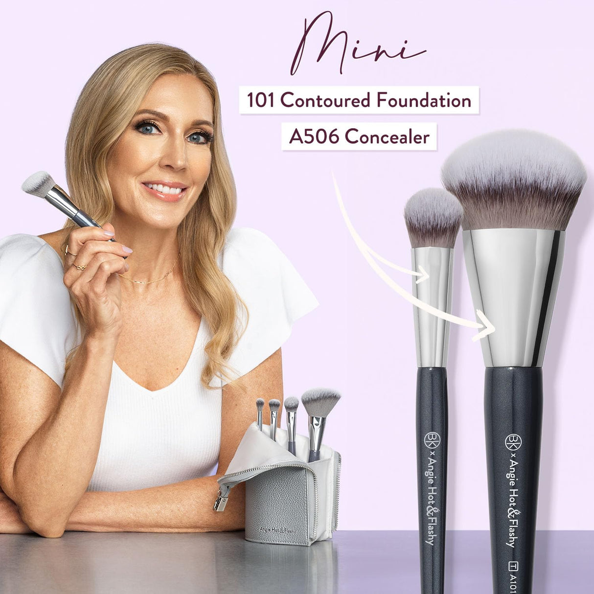 BK BEAUTY BRUSHES - ANGIE HOT & FLASHY Travel Brush Set with Pouch - Foundation Makeup Brushes - Brush for Liquid or Cream Foundations - Under-Eye Concealer | Bronzer, Blush & Highlighter Makeup Brush