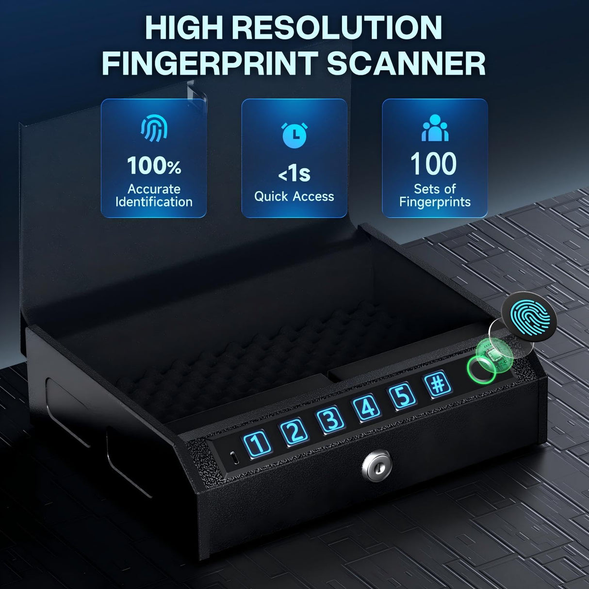 Gun Safe for Handgun, Biometric Handgun Safe with Stealth Mode Quick Access with LED Light, 3-Way Unlock Fingerprint Digital PIN Key Pistol Safe, Handgun Safe Lock Box with Carbon Steel Cable for Car