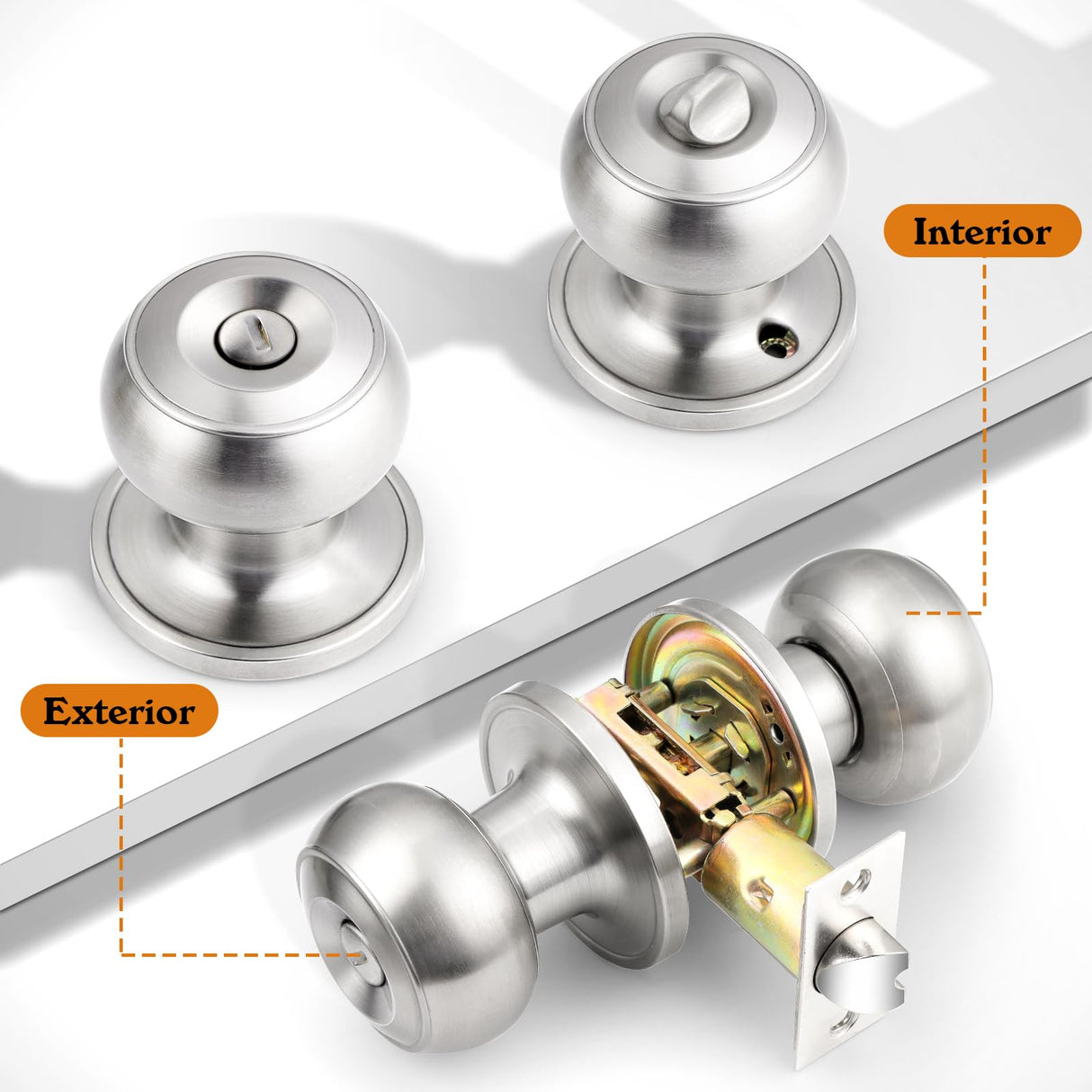 Probrico Brushed Nickel Bed/Bath Door Knobs, Satin Ball Door Knob, Interior Door Knobs for Bedroom Bathroom, Privacy Function, 10 Pack